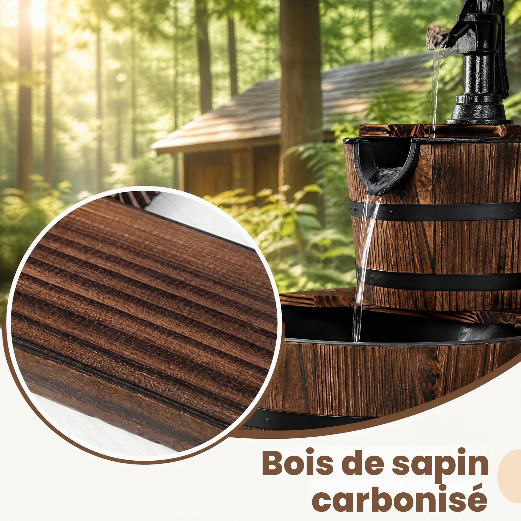 SOARS Fontaine de jardin à 2 niveaux, avec pompe à eau et débit d'eau réglable, design en bois, décoration de jardin pour extérieur, balcon, terrasse
