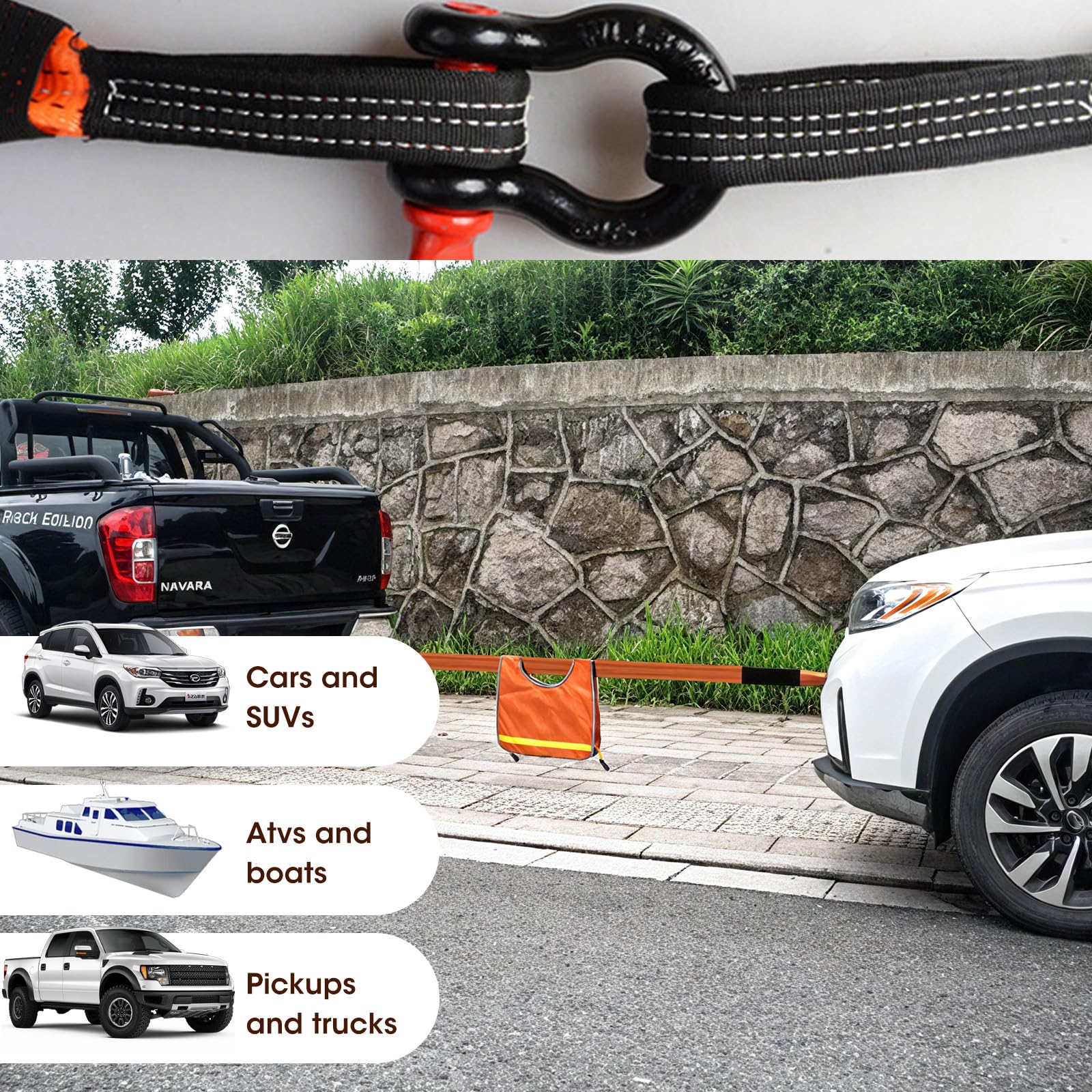 Cable de Remolque 8 Toneladas, Cable de Remolque de Alta Resistencia para Coche, 5m Resistente con 2 Ganchos Reforzados, para Emergencias Todo Terreno, Naranja - 5