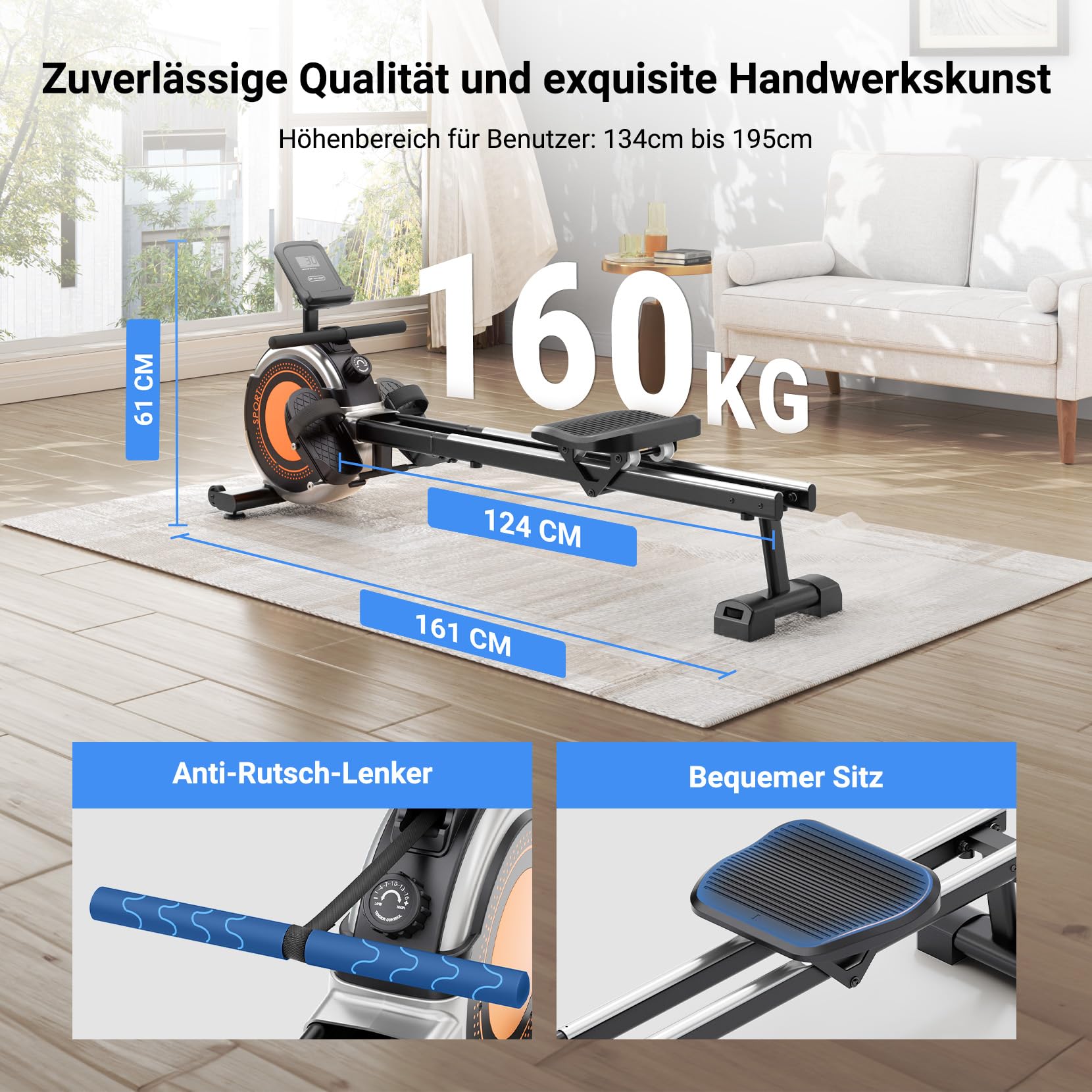 Dripex Rudergerät für Zuhause, 16 Widerstandsstufen, Leises Magnetisches Rudergerät, Maximale Tragfähigkeit 160 KG, langlebige Gleitschiene, Bluetooth App unterstützt, LCD Monitor