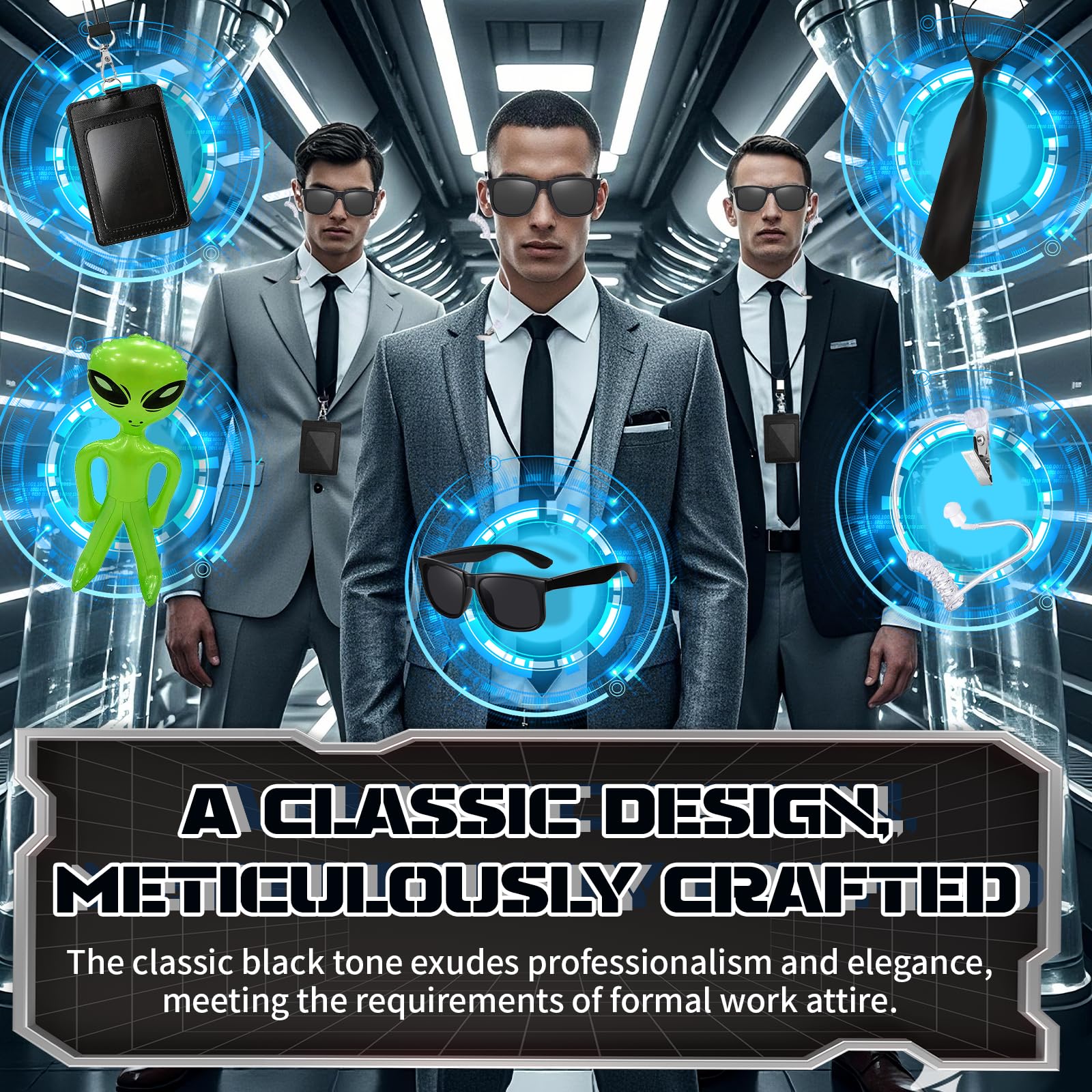 Xerteam 6-Piece Men in Black Costume Accessories, Agent Costume Spy Set including Tie, Sunglasses, Fake Earpiece, Ring - Image 3