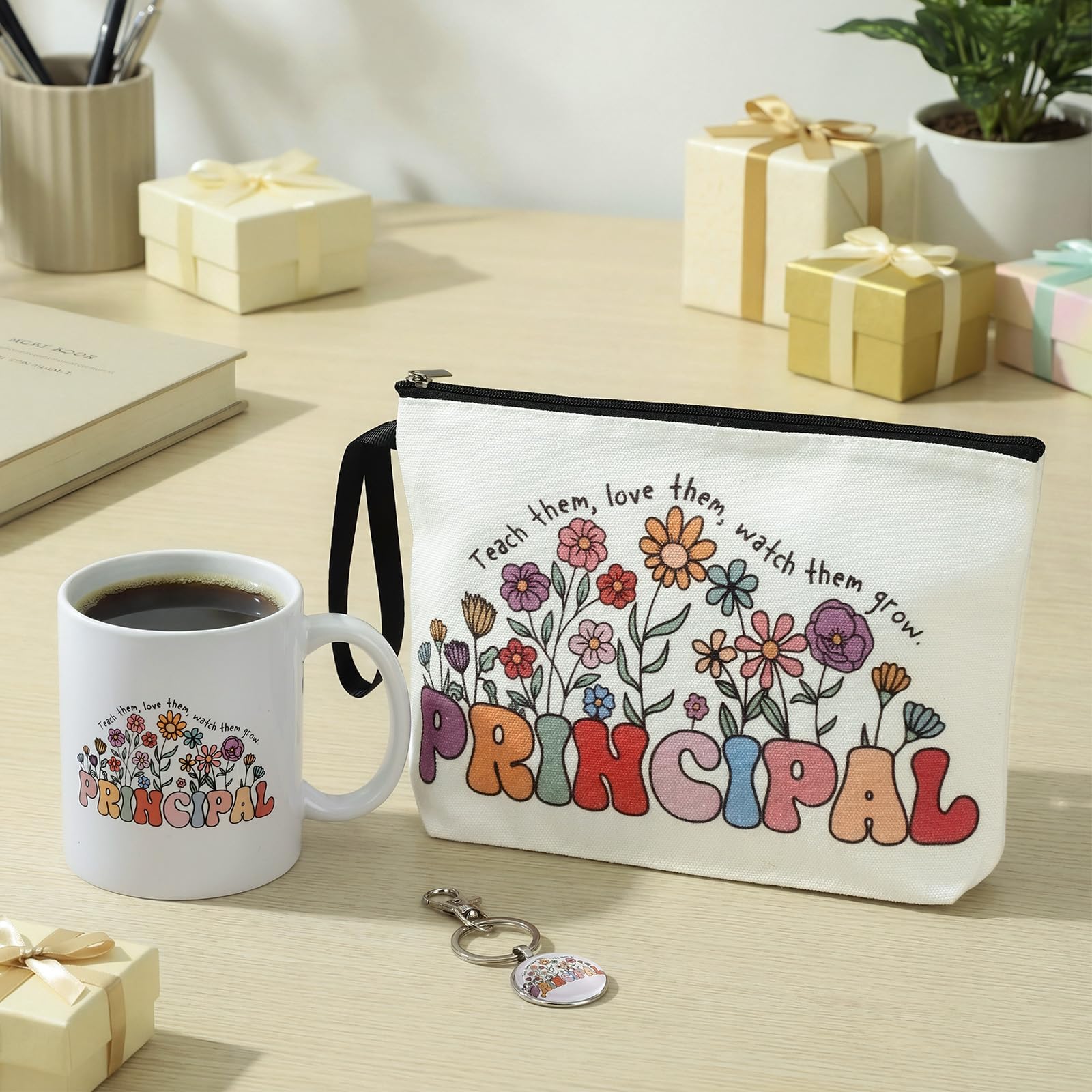Havawish 3 Pcs Principal Appreciation Gift Set for Women School Principal Gift Makeup Bag Cosmetic Bag 11 oz Ceramic Coffee Mug and Keychain for Assistant Principals Graduation End of The Year