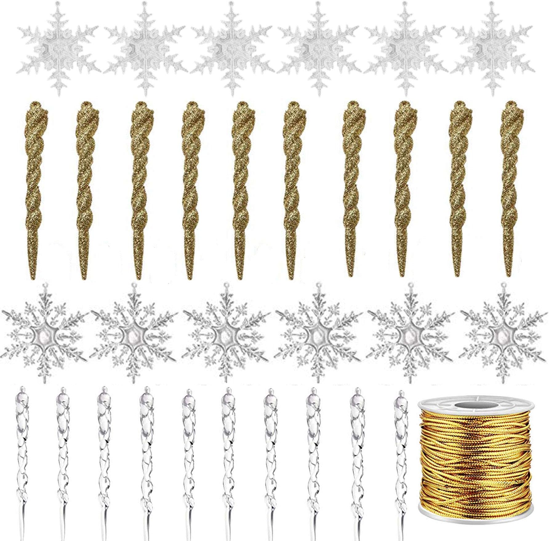 32PCS Icicle Ornaments, Christmas Tree Decorations Clear Acrylic Snowflake and Icicle Ornaments Set Shatterproof Acrylic Christmas Ornaments for Christmas Tree Party Outdoor Decorations