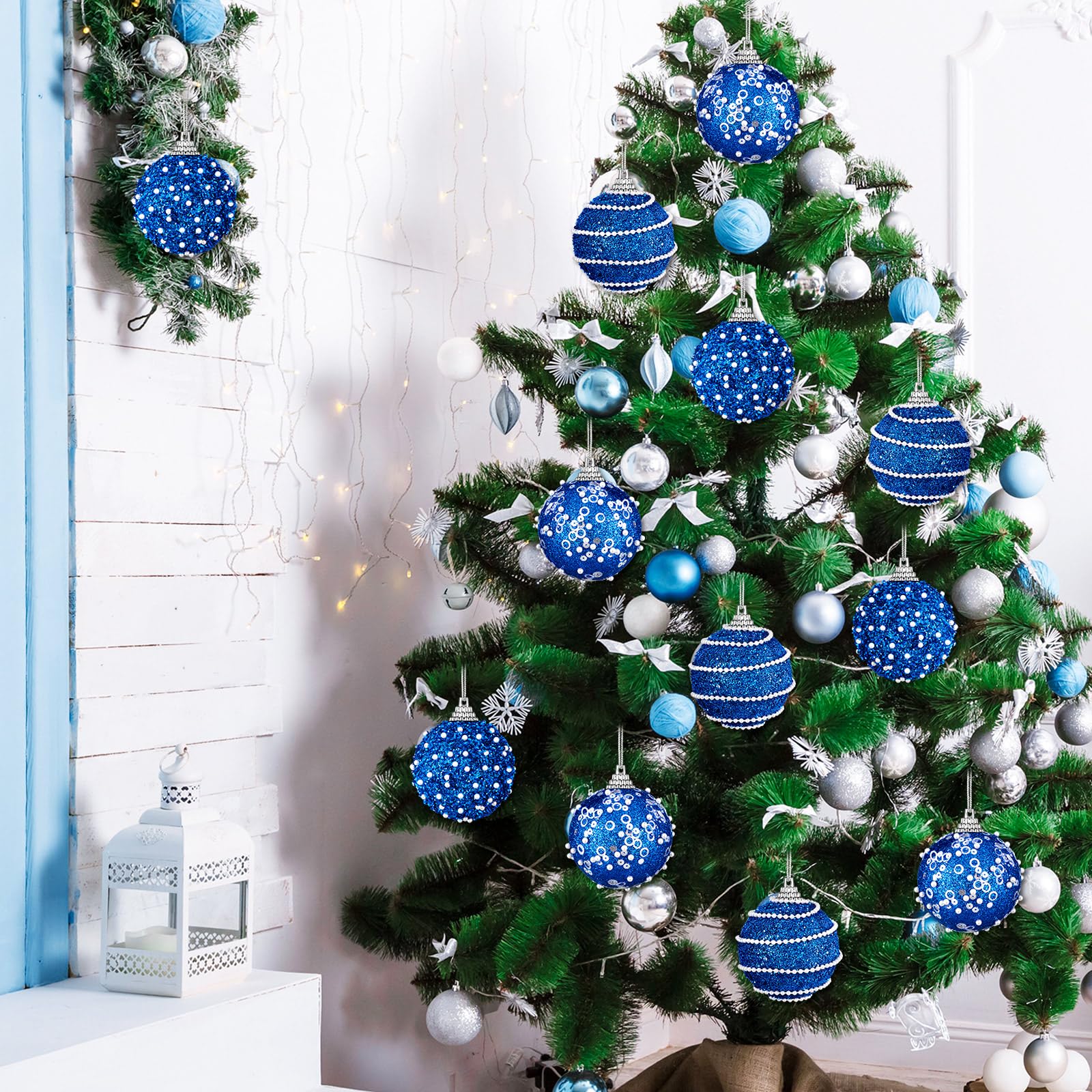 Poen Juego de 12 adornos de bola de Navidad de 2.76 pulgadas, decoración de árbol de Navidad de espuma perlada con purpurina para decoración de árbol de Navidad para boda, fiesta, mesa, corona,