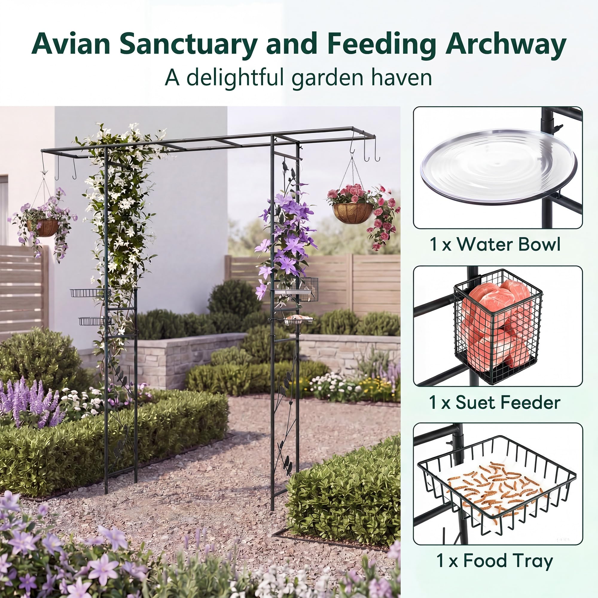 COSTWAY Luxus Futterstation, Vogelfutterstation mit Wasserschale, Tablett & Hängeset, Vogelfutterhaus Rosenbogen Metall, für Wildvögel, Hängekorb & Kletterpflanzen, 212 x 40 x 213 cm (Schwarz)