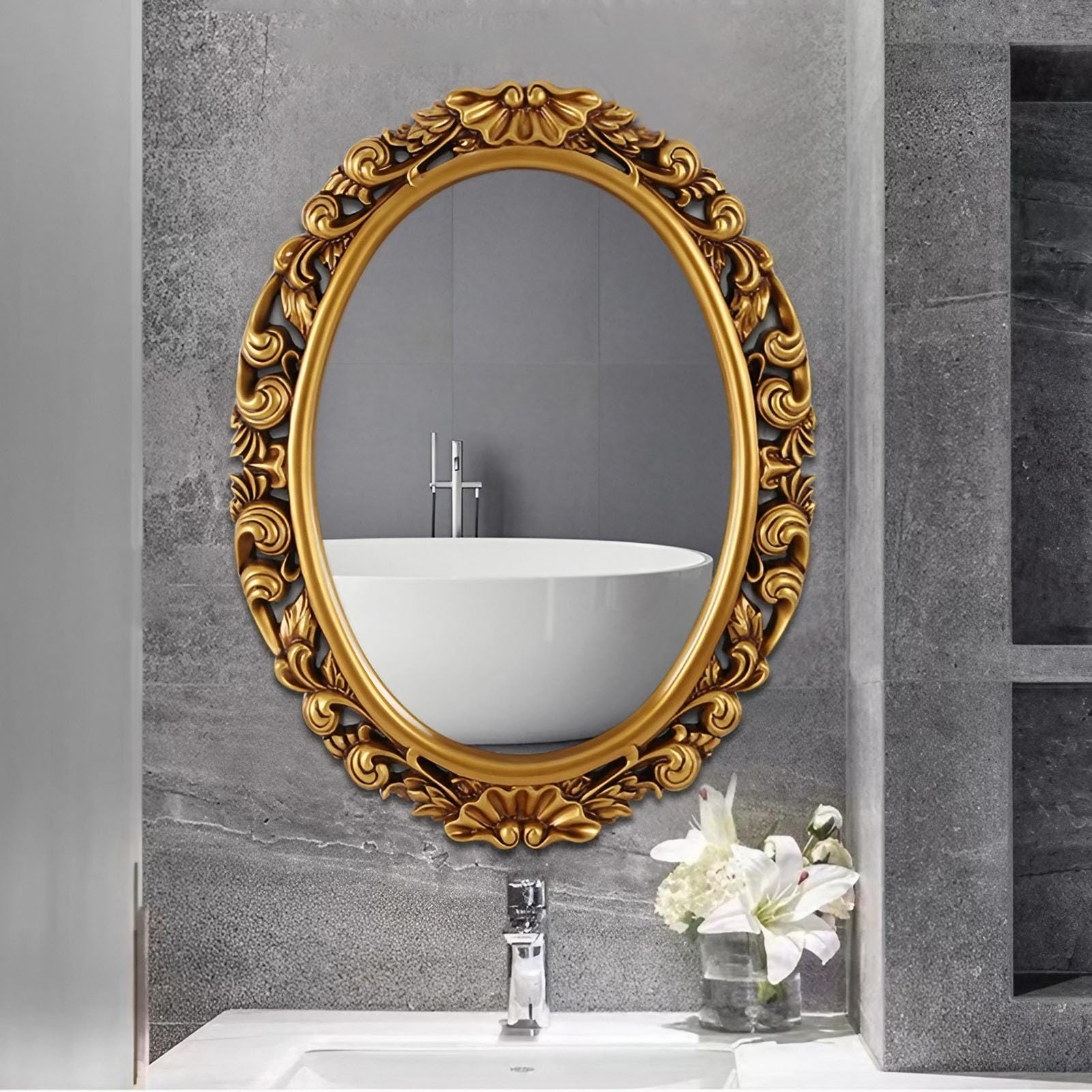 FGXHHS Vintage Wall Mirror-Oval Decorative Mirror-90×70cm-Ornate Frame Traditional Mirror for Bedroom Bathroom Entryway Hallway
