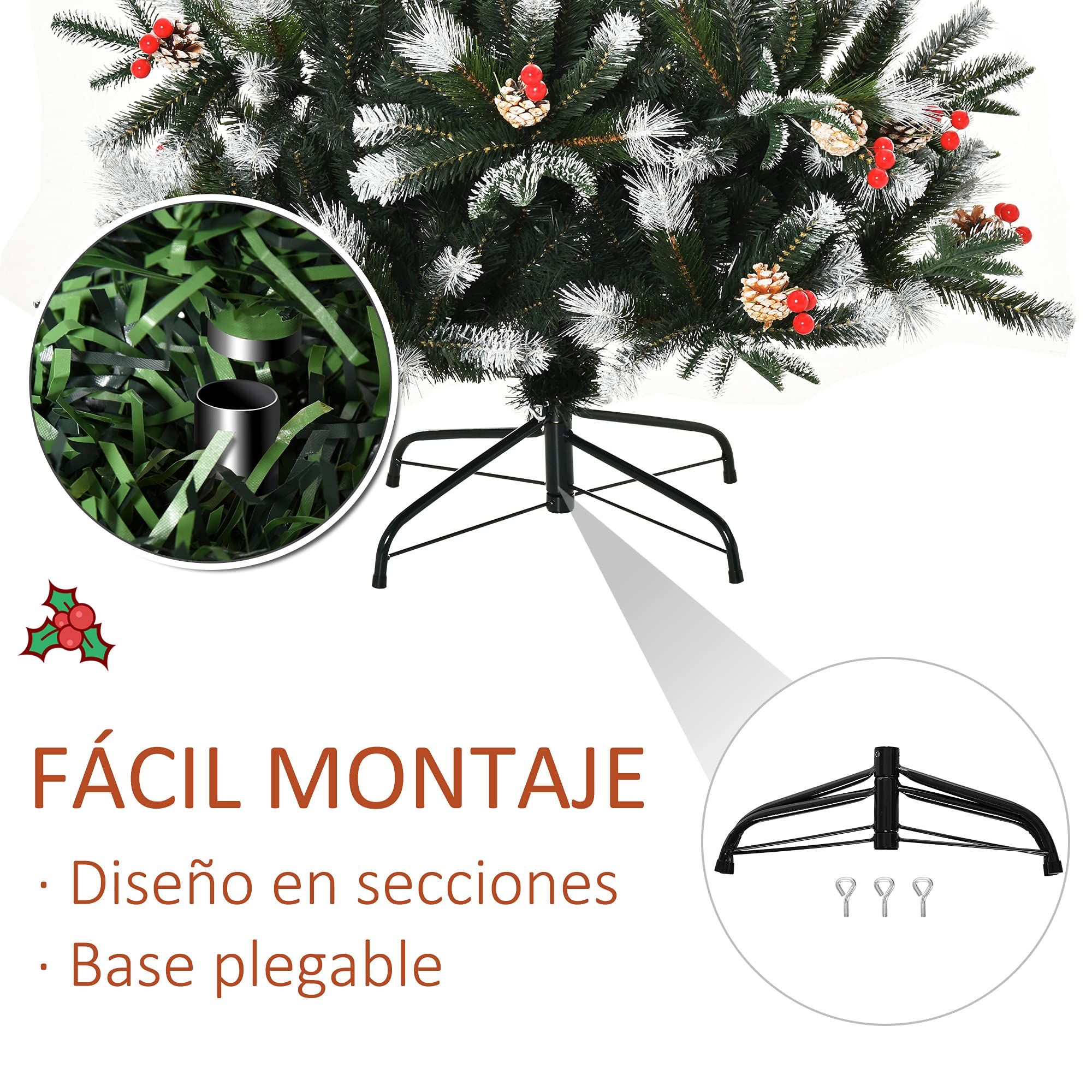 HOMCOM Árbol de Navidad Artificial 180 cm con 678 Ramas 53 Piñas Verde | 53 Bayas, Hojas de Plástico PE, Base de Soporte Plegable Metálica, Decoración Navideña para Interiores