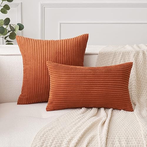 Miniatura 4 de MIULEE - Juego de 2 fundas de almohada de pana suave con rayas, juego de fundas de almohada cuadradas decorativas de otoño para sofá, dormitorio,