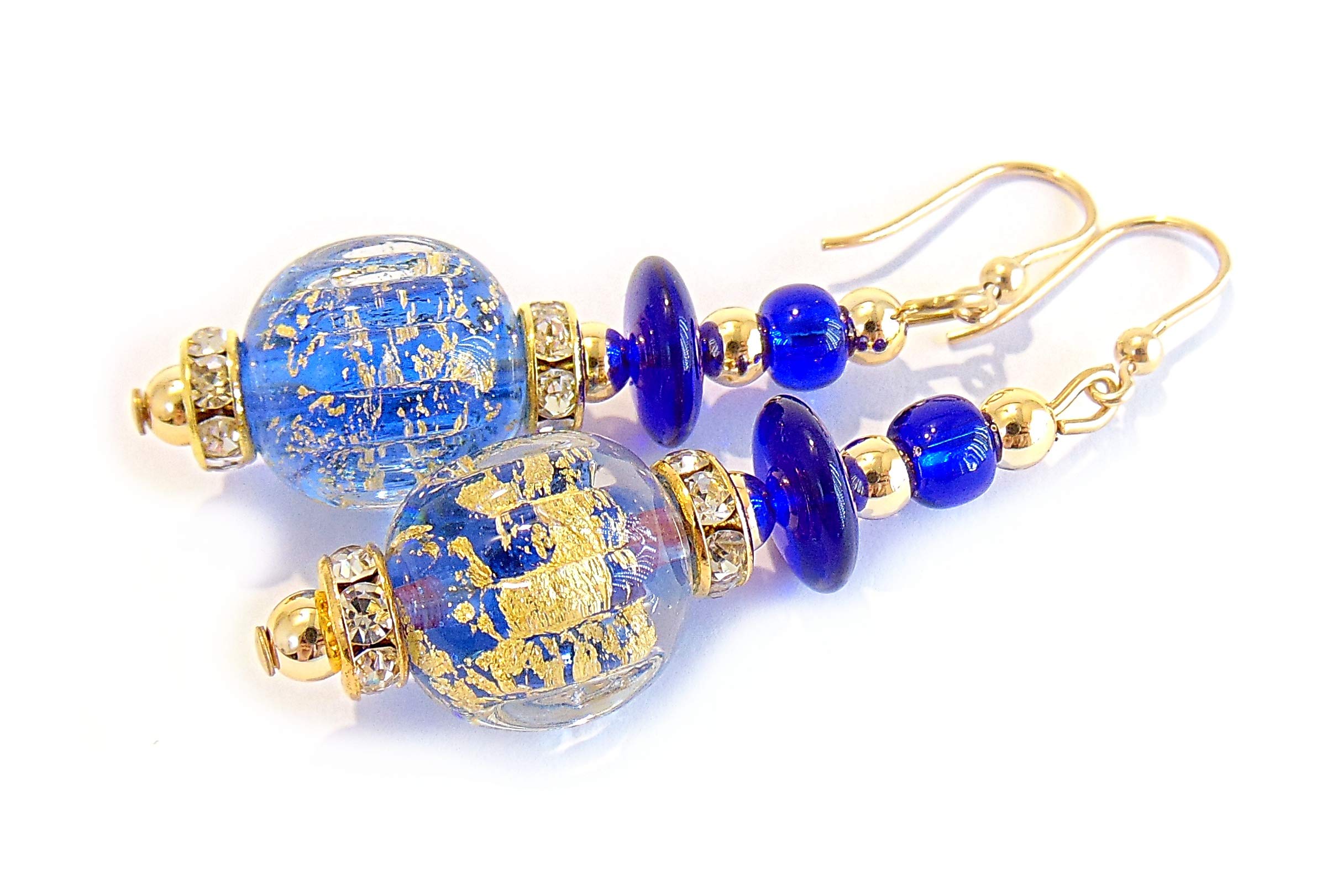 Orecchini da Donna con perle in Vetro di Murano Originale, Collezione Diana, con foglia in oro 24kt, Made in Italy certificato