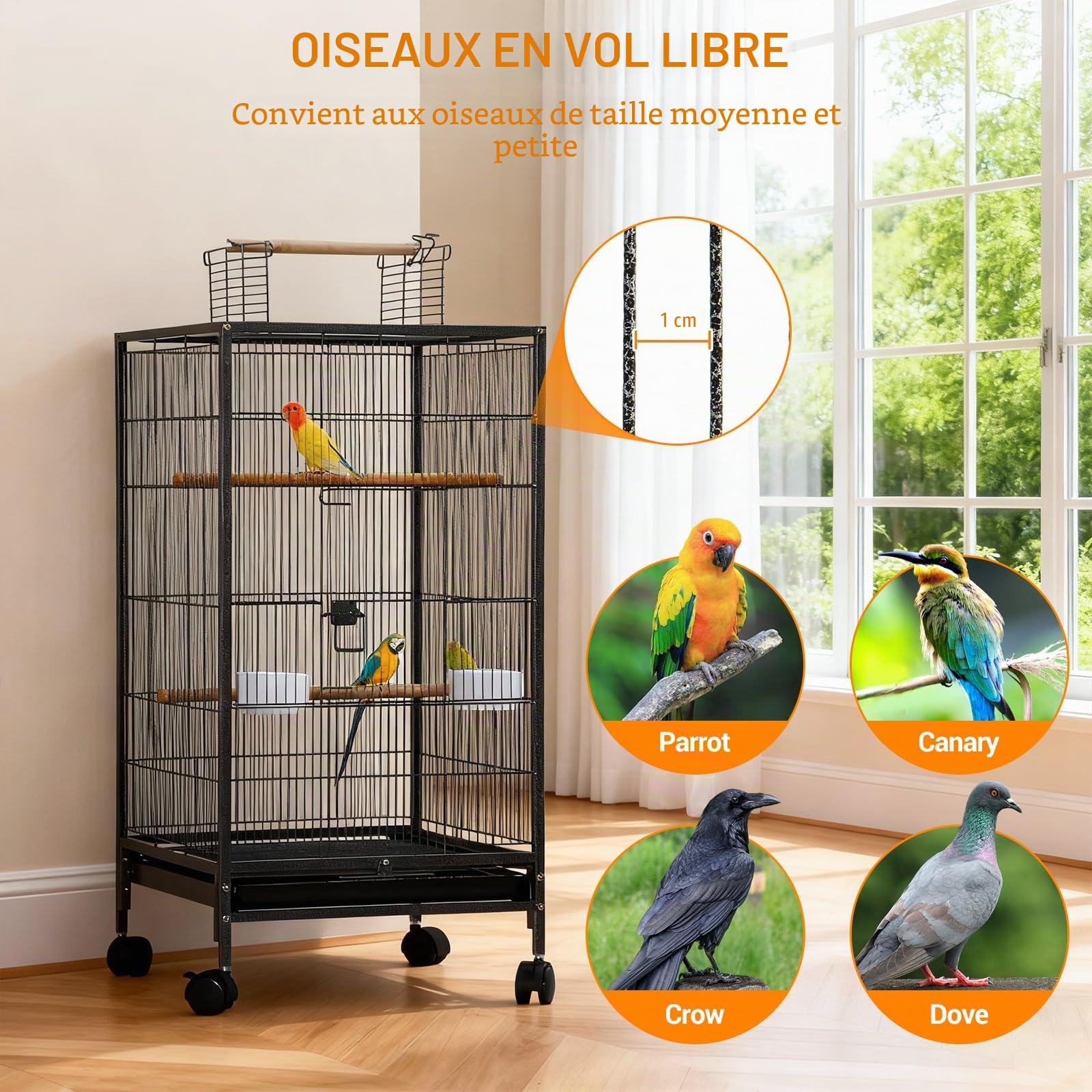 Cage à oiseaux, 46 x 46 x 102 cm, grand format, avec toit de jeu, support à roulettes et plateau amovible, avec 3 perchoirs, mangeoires et abreuvoir pour perruches, canaris