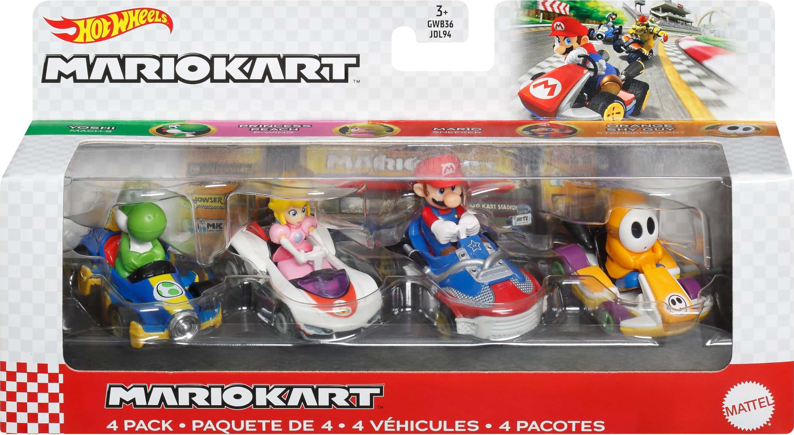 Hot Wheels Mario Kart Vehicle 4-Pack, Set of 4 Fan-Favorite Characters Includes 1 Exclusive Model, Collectible Gift for Kids & Fans Ages 3 Years Old & Up
