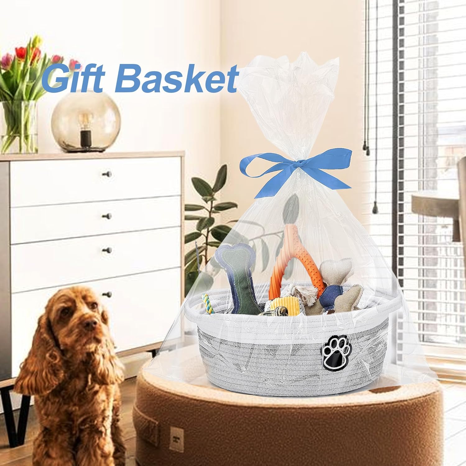 Dog Toy Basket Small Basket for Storage Cute Baskets for Gifts Empty Small Woven Baskets for Organizing, Grey and White - Image 4
