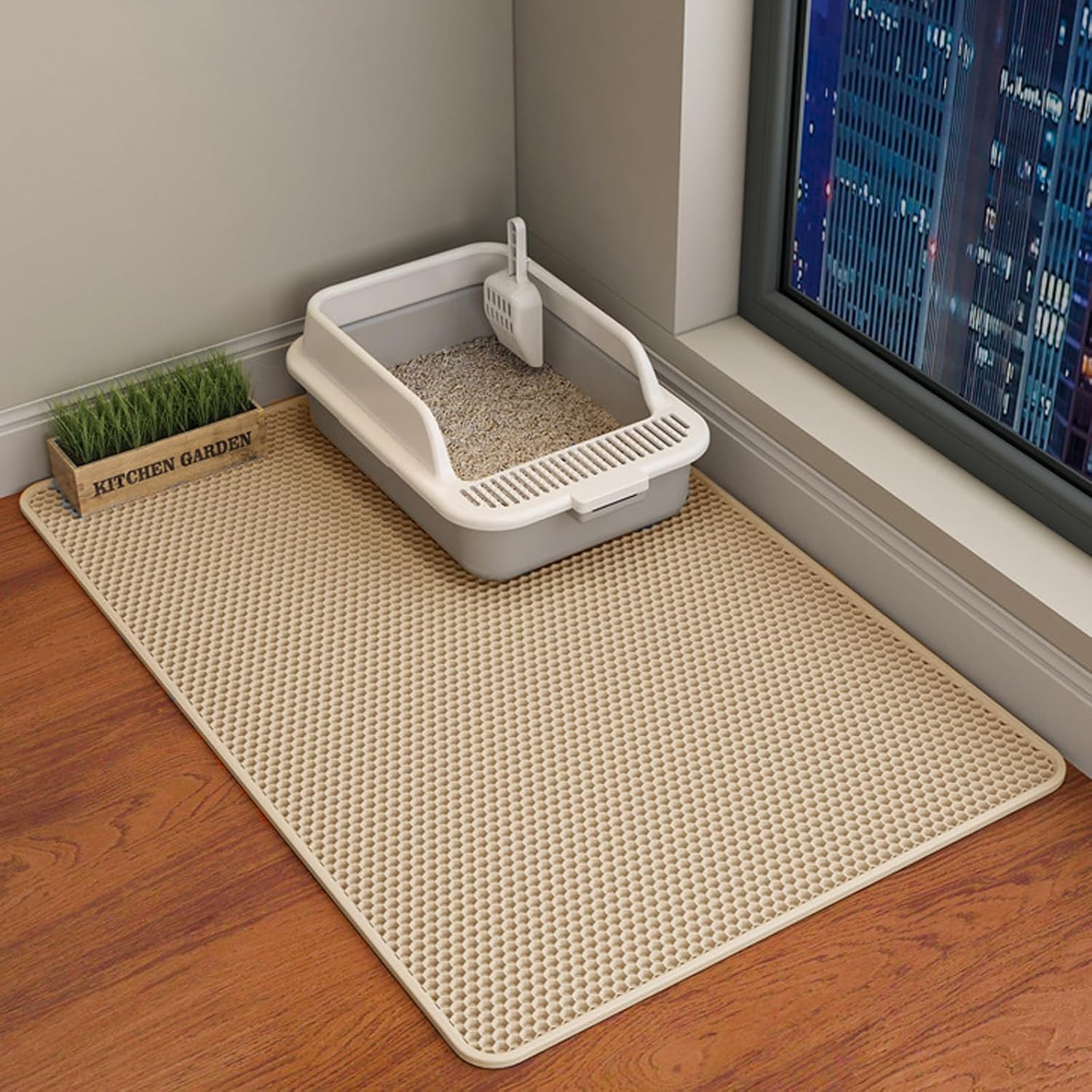 Qingmengge Light Cat Litter Mat, 45X26/35X24/30X22/24X18 Inch Double Layer Cat Litter Box Mat, Eva Non-Slip, Waterproof Urine Proof Cat Litter Catcher Mat, Easy Clean Scatter Control (35X24 Inch, Khaki)