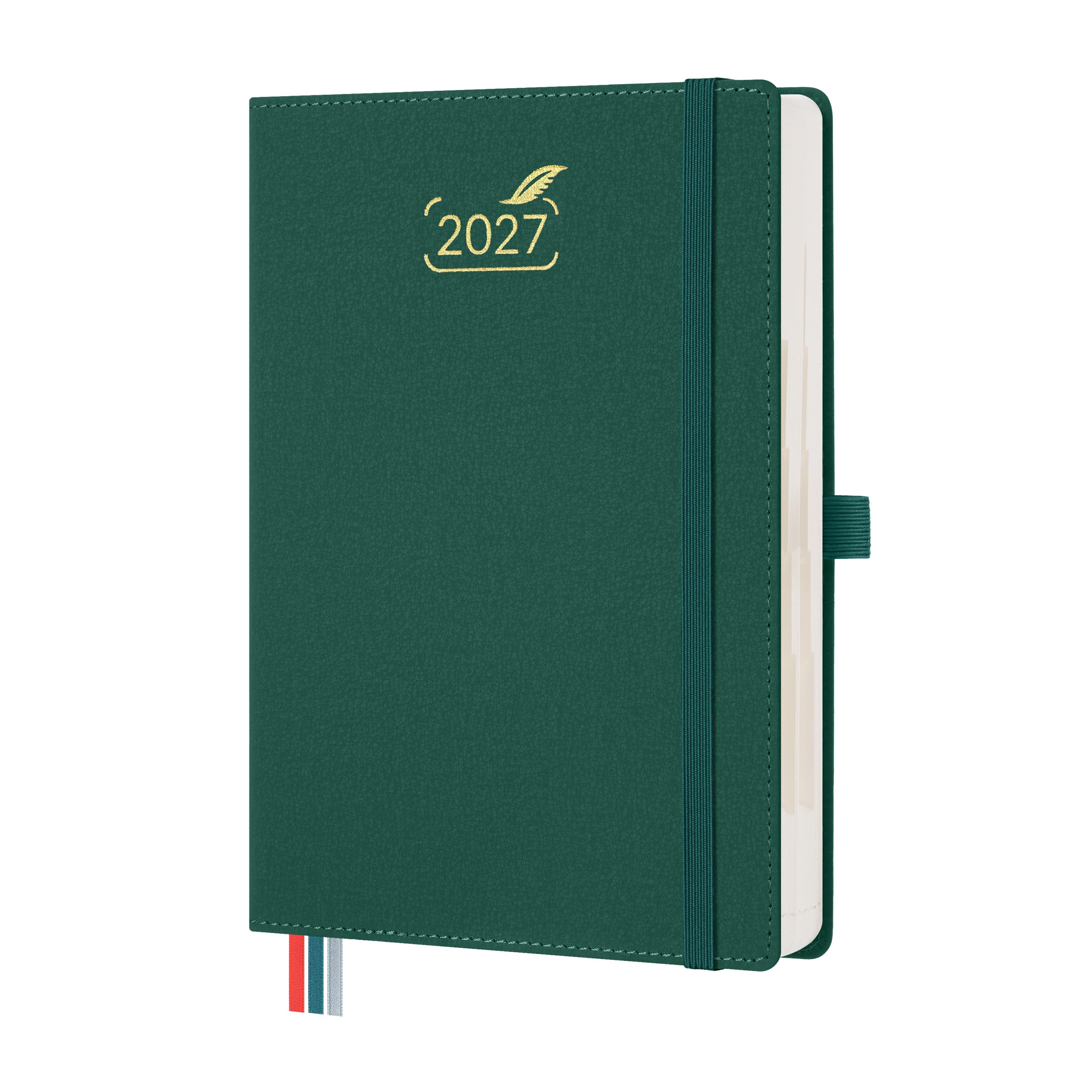 BEZEND 2027 Diary A5 Page A Day even Weekends with Dual Schedule. 2-Column Daily Planner for Work-Life Balance. Appointment Diary with Monthly Tabs, Inner Pocket, PU Leather Hardback, Evergreen