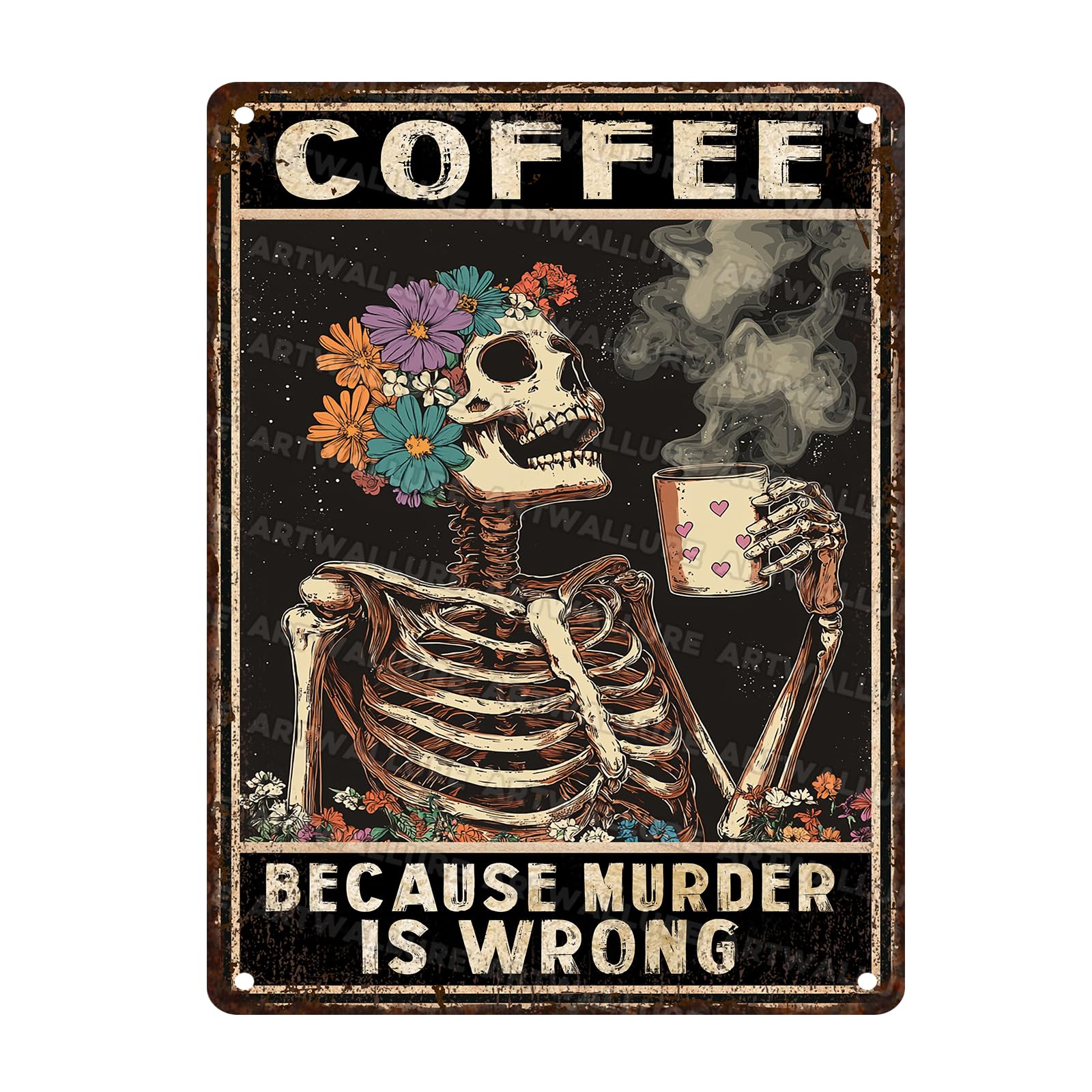 Gothic Skull Coffee Metal Sign Retro Flower Skull Wall Decor Vintage Tin Sign For Cafe Bar Club Office Home Decoration 12x16inch