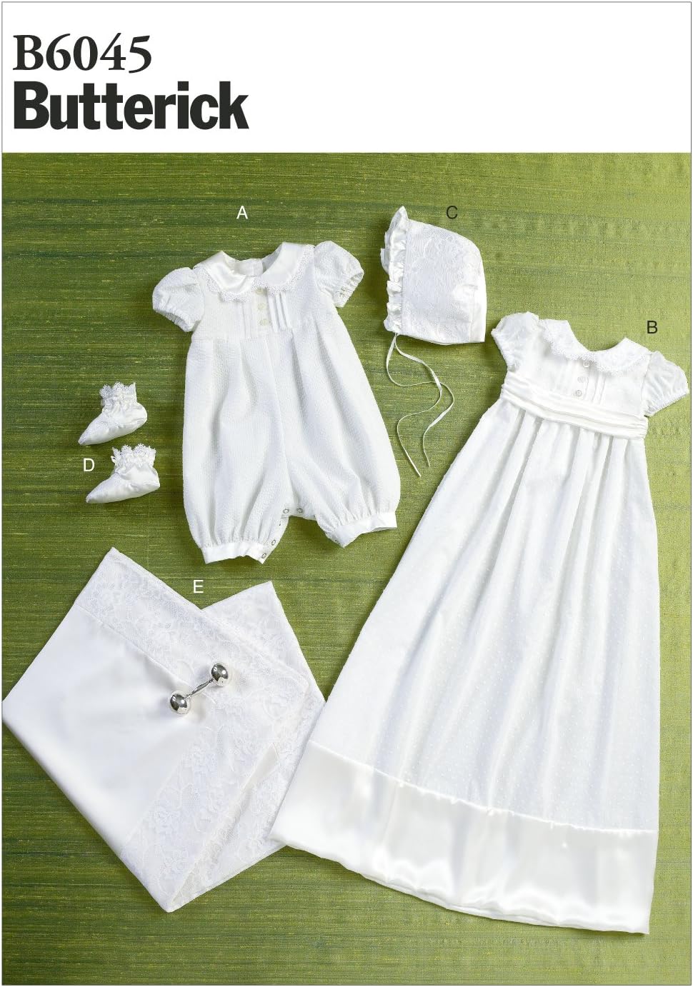 Butterick Patterns B6045 Infants' Romper, Dress, Sash, Hat, Booties and Blanket Sewing Template, Size YA5