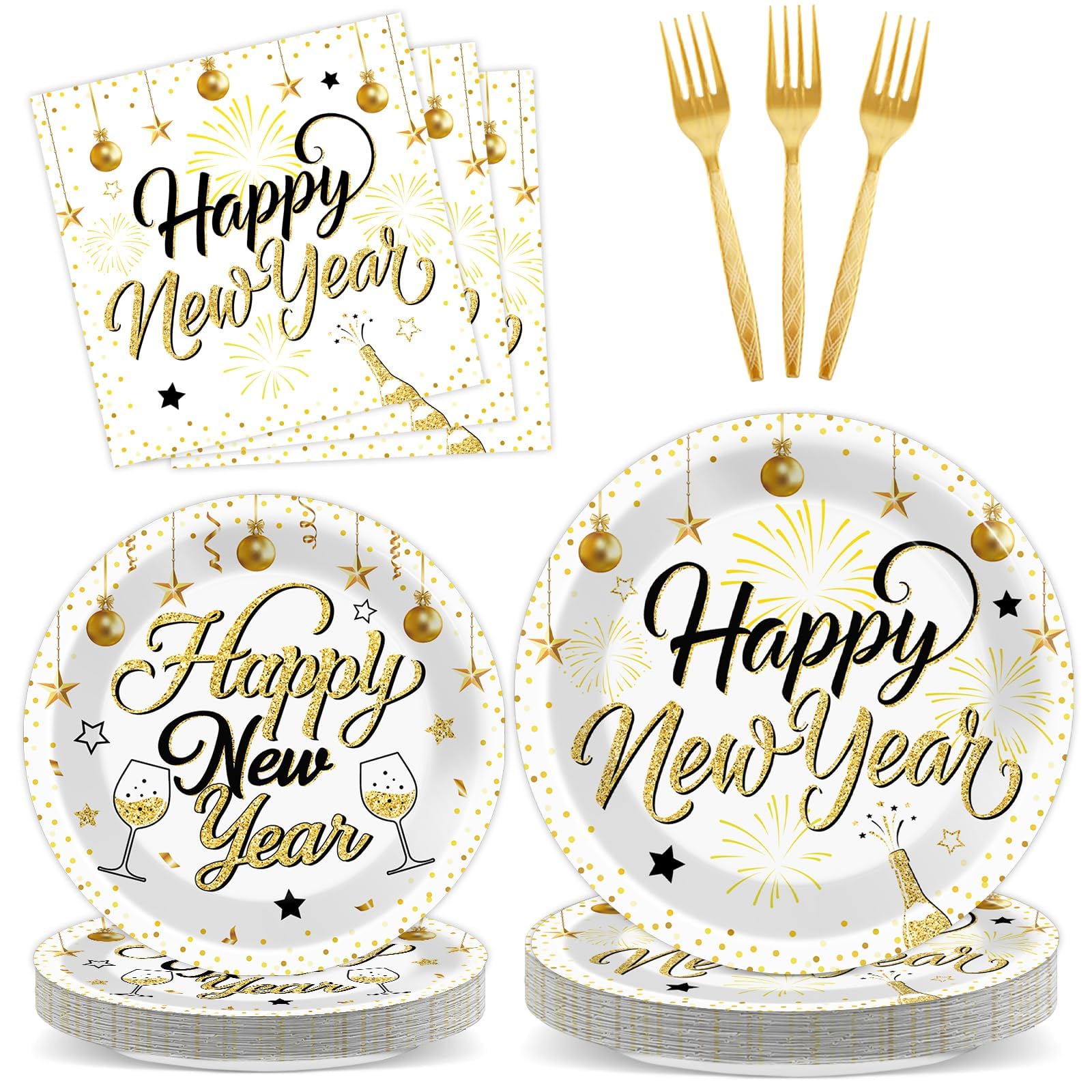 QOUBAI 100PCS Happy New Year Plates and Napkins Party Supplies 2026 Disposable Tableware Set Including Gold Paper Dessert Plates and Napkins Forks for