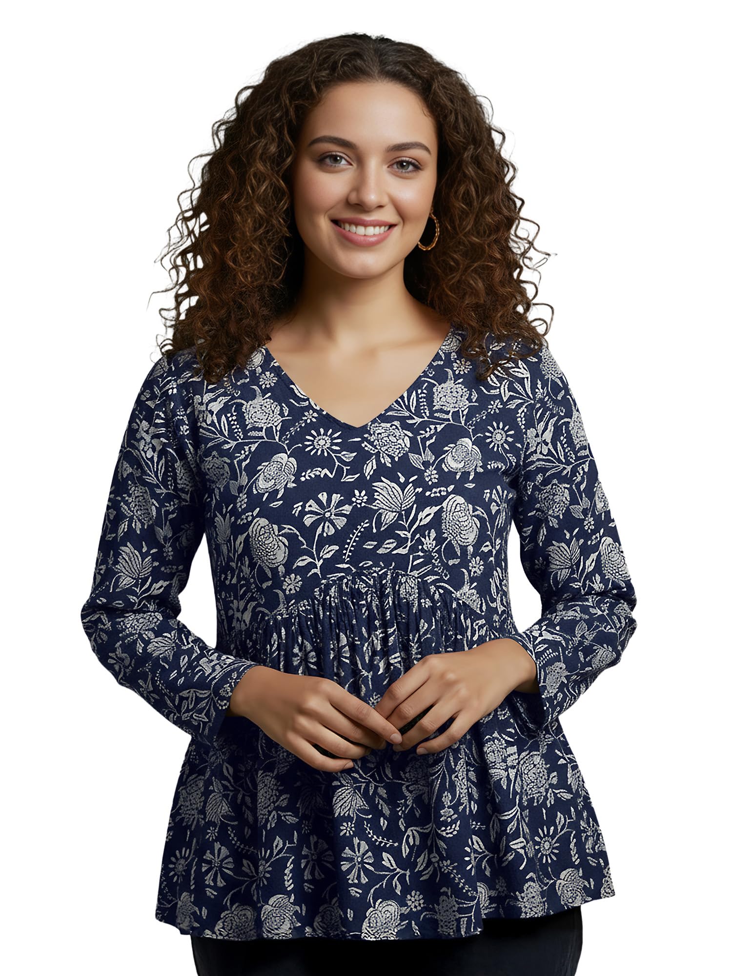 navyankaa Women Cotton Printed Tunic Top Floral A-Line Long Sleeve Kurti Style Top for Casual, Office (Kurti-02-Gulab-P)-picture-13