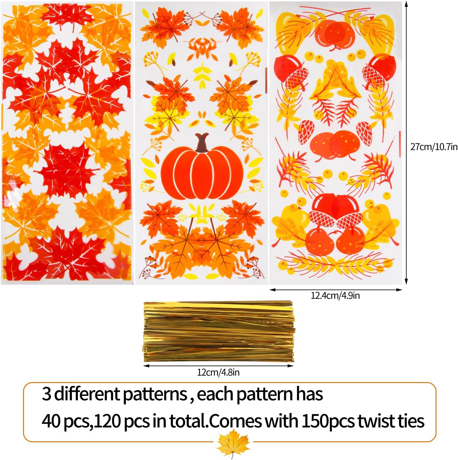 DIYASY Fall Cellophane Treat Bags,120 Pcs Autumn Maple Leaves Pumpkin Candy Bags with Twist Ties for Thanksgiving Party Favor and Holiday Goodies Wrapping image 3