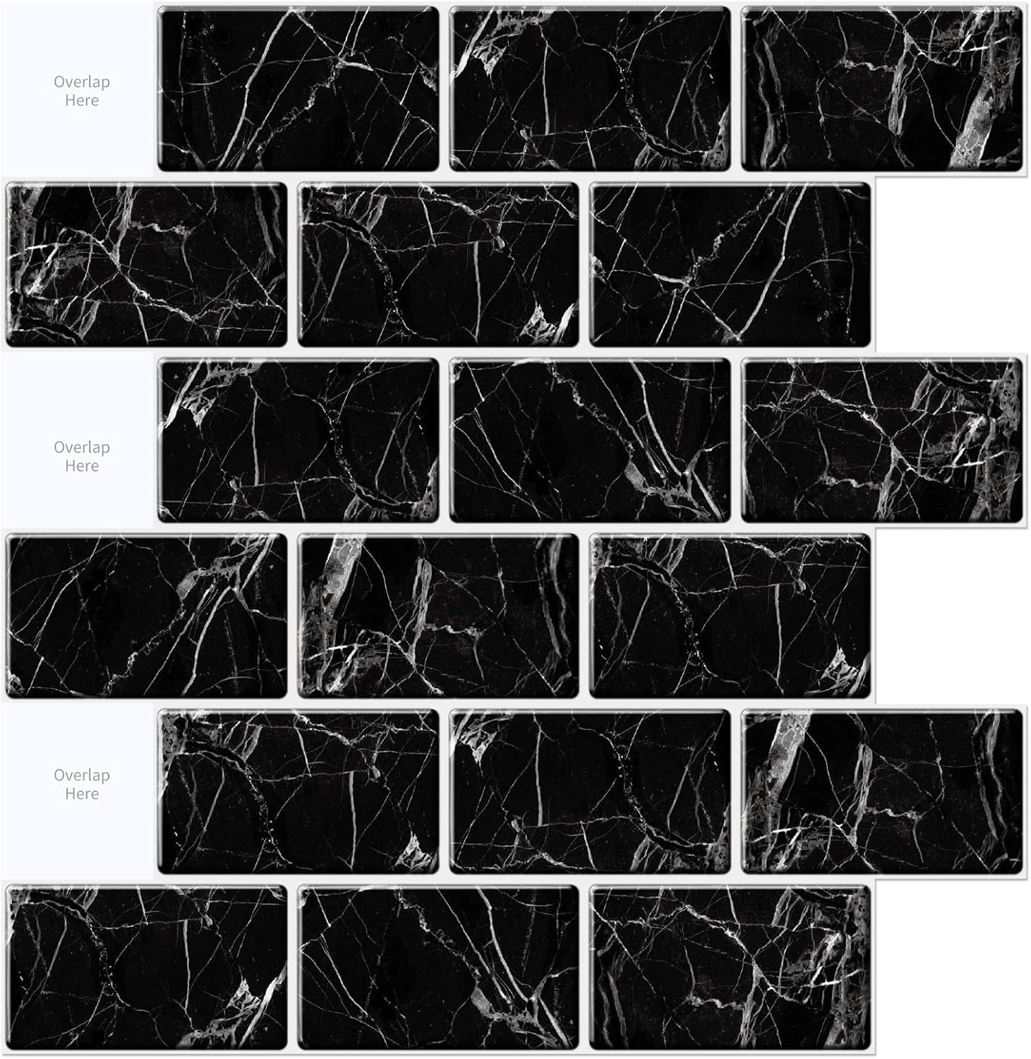 Black Marble Peel and Stick Rectangular Backsplash Tiles
