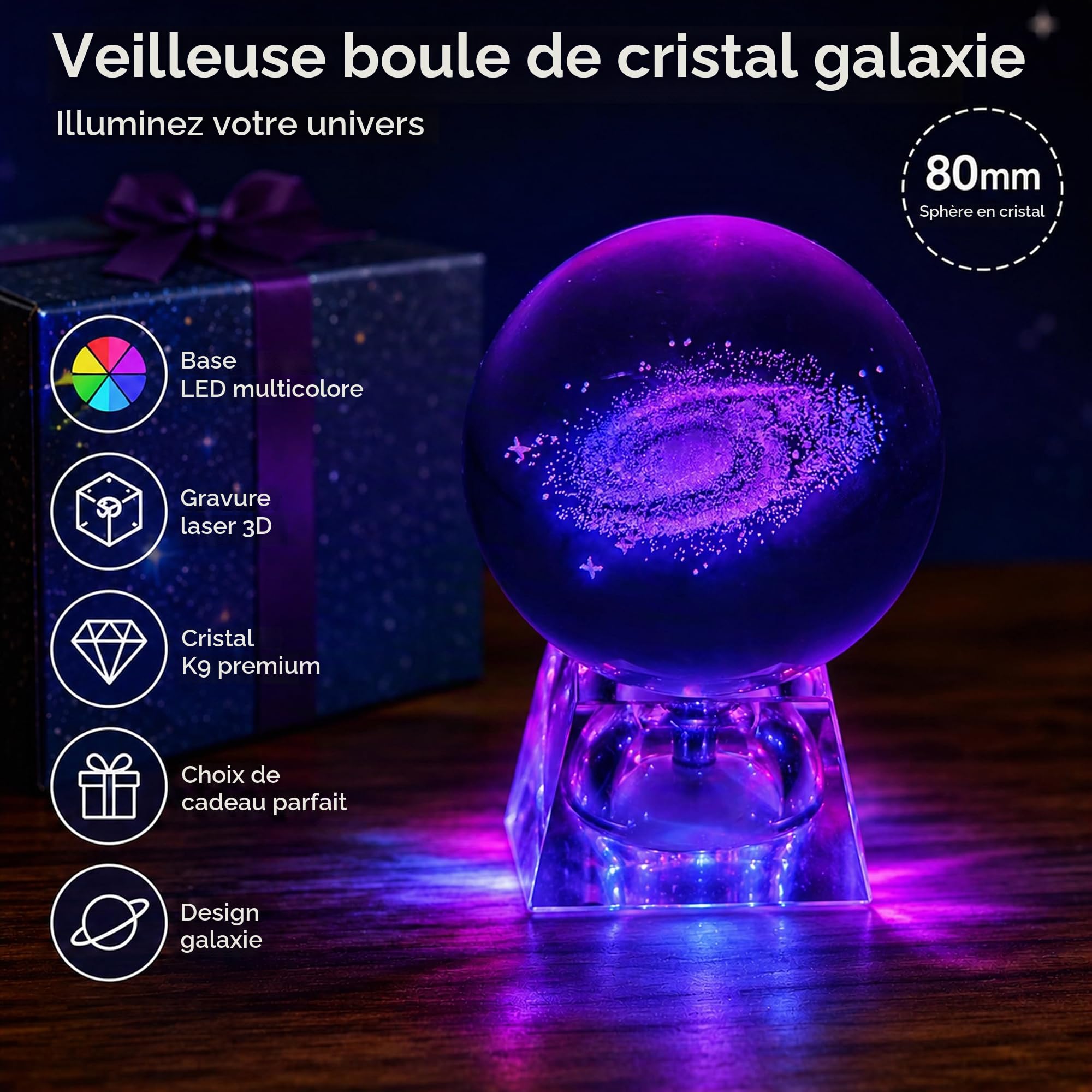 Boule de Cristal Galaxie 8 cm avec Socle LED, Sphère en Verre Gravure Laser 3D, Veilleuse Chambre Bébé et Enfant, Lampe Galaxy Décorative, Cadeau Anniversaire Noël pour Garçon et Fille