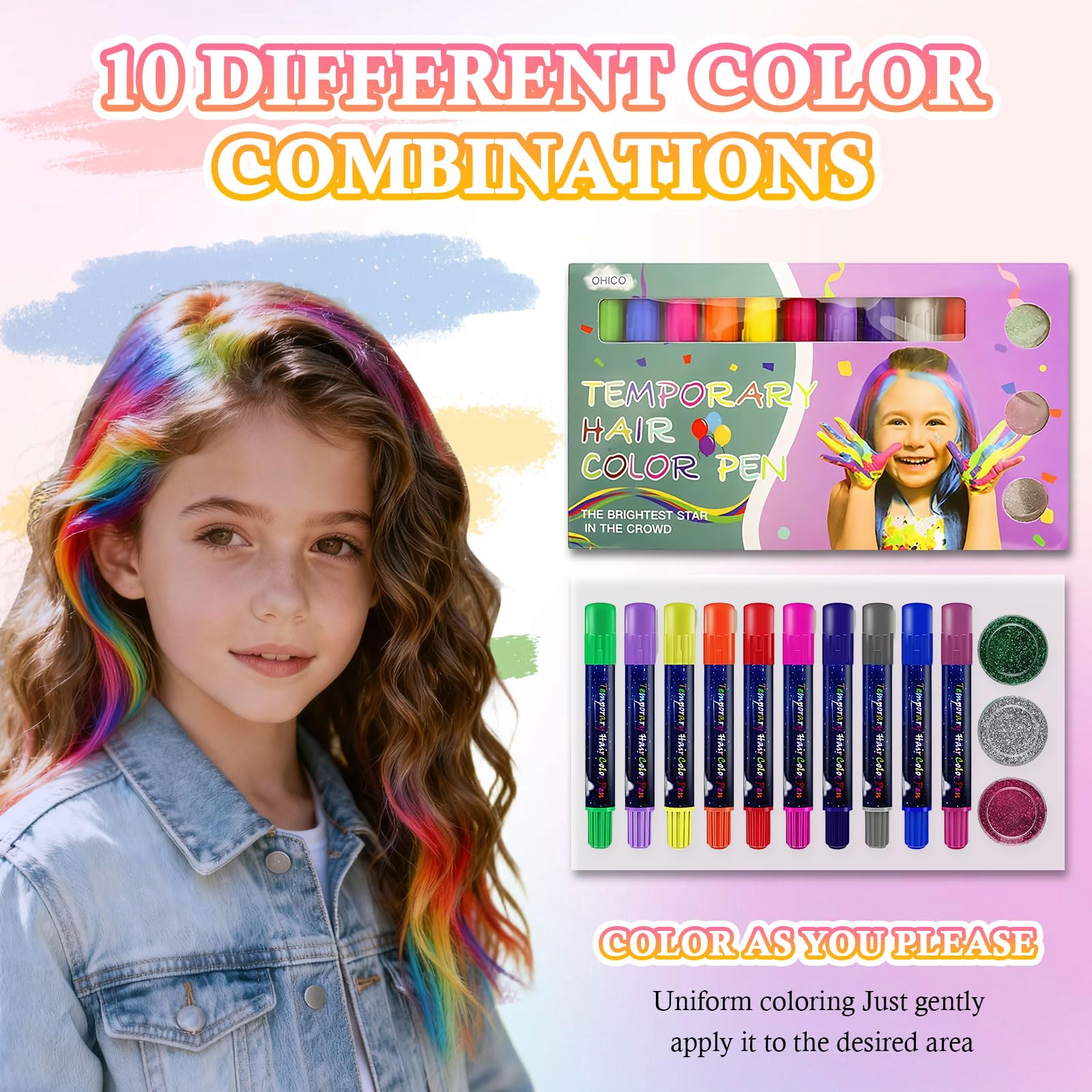 Set Gessetti Colorati per Capelli, 10 Colori Temporanei Lavabili, Gessetti per Capelli per Bambini e Ragazze, Ideali per Feste, Carnevale e Regali, con Palette di Tinte per Capelli Blu