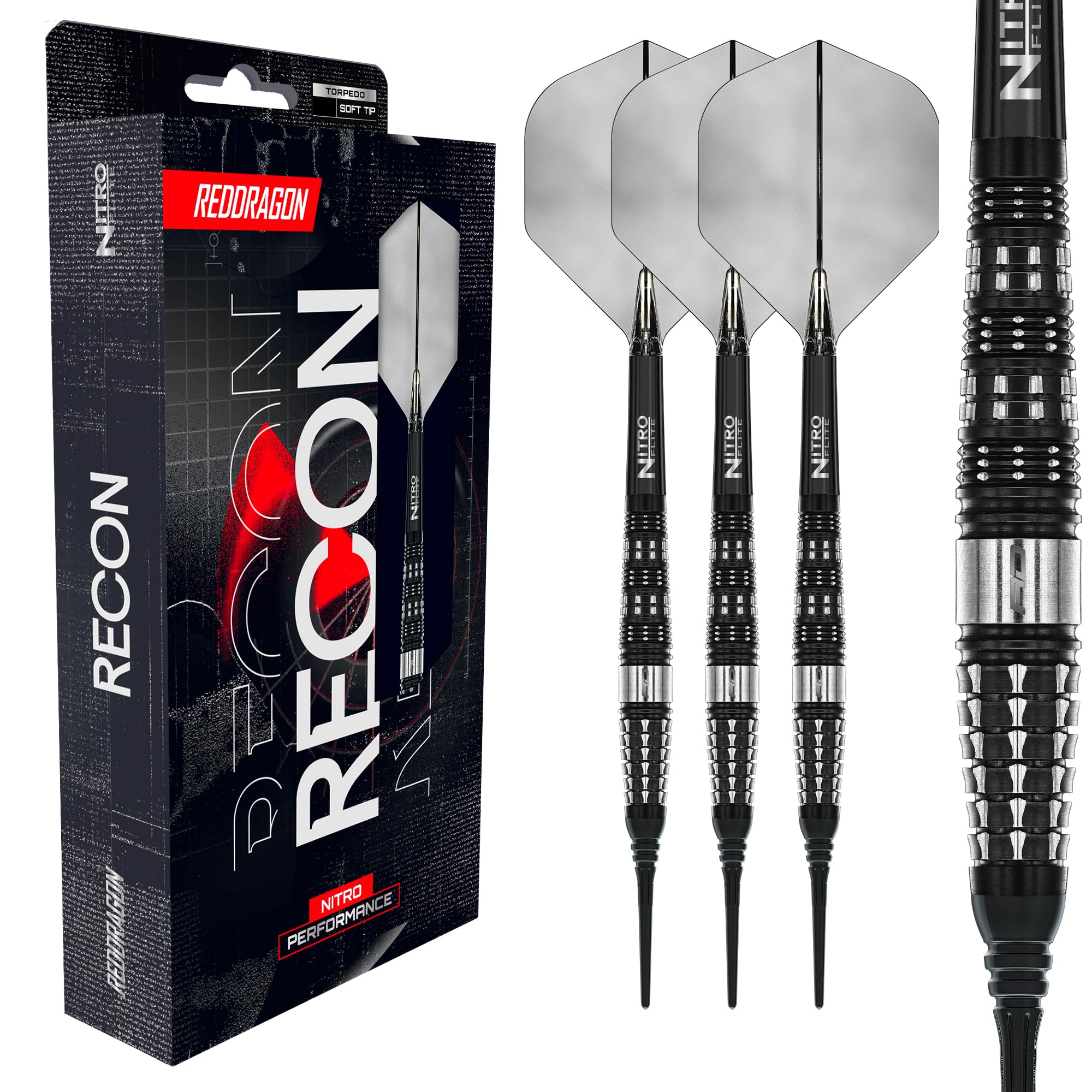 RED DRAGON Darts - Recon Serie Dart Pfeile - 18g Fass/ 20g Vollgewicht Weiche Spitze Torpedo Dart Set - 90% Tungsten Profi Dartpfeile - Nitro Flite Integrierter Flug/Schacht, Dartflüge & Dartschäfte