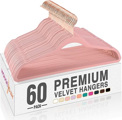 HOUSE DAY Pink Velvet Hangers 60 Pack, Premium Non-Slip Felt Clothes, Sturdy Heavy Duty Coat, Durable Hangers for Suits, Space Saving with No Hanger Mark, 360° Swivel Rotating Rose Gold Hook