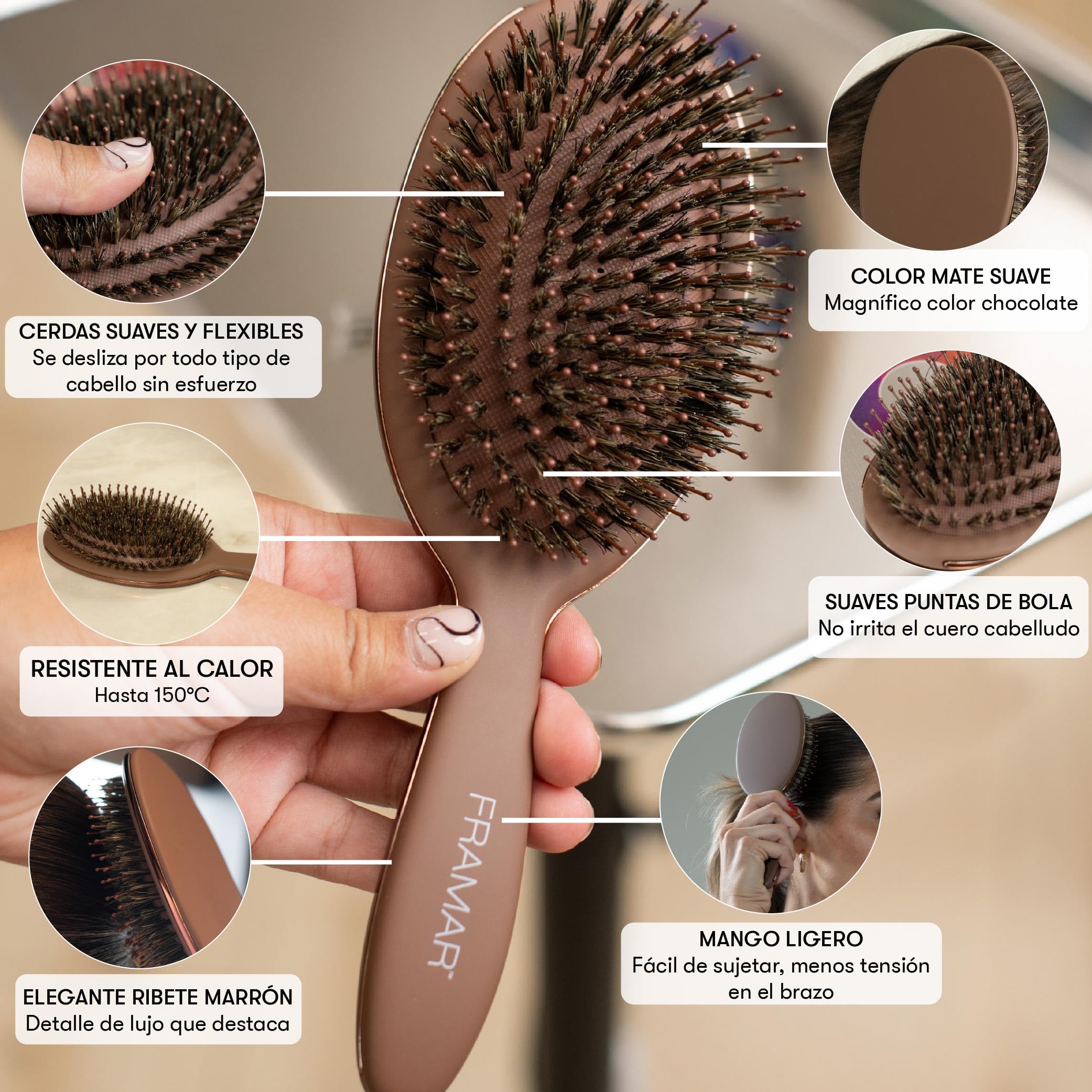 FRAMAR Cepillo Cerdas Jabali Pelo Fino - Cepillo Cerdas Naturales, Cepillo de Pelo Antirotura y Antitirones para Cabello Fino, Ideal Para Añadir Brillo o Volumen, Boar Hair Brush - Chocolate