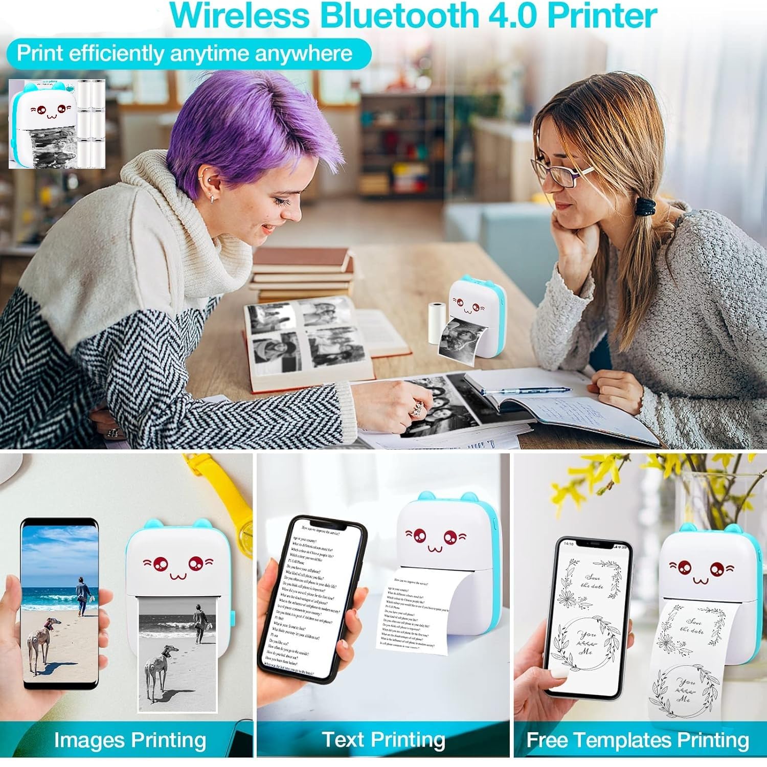 SHOPEE Mini Printer Portable, Pocket Thermal with 1 Rolls Paper Compatible iOS Android, Bluetooth Wireless Smart for Photo Picture Office Receipt QR Code Label List Note Inkless Printing 3