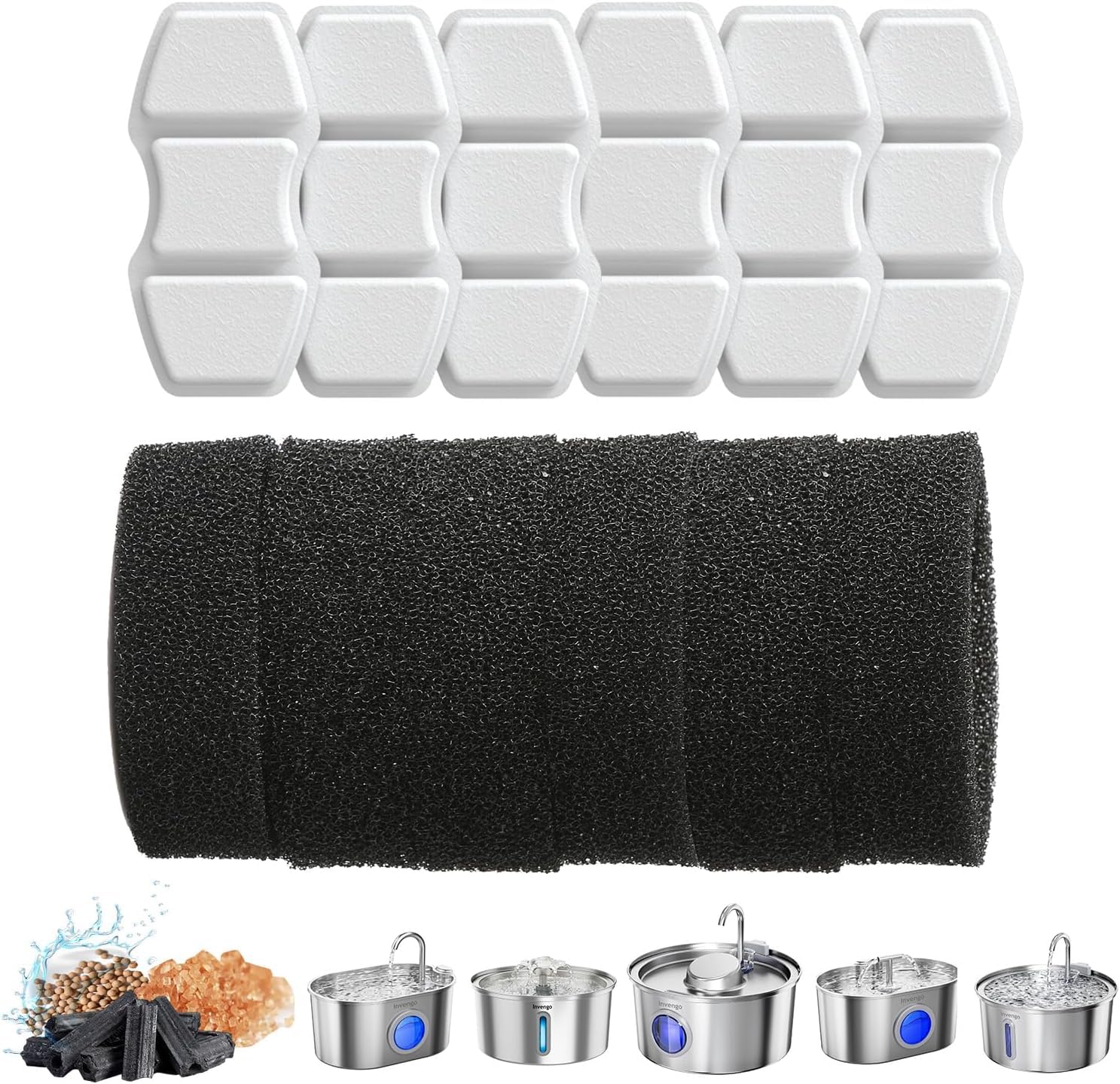 Invengo 12-Pack Cat Water Fountain Filters, 6 Filters + 6 Sponges, 5-Layer Filtration for Better Taste, Replacement for Cat Water Dispenser
