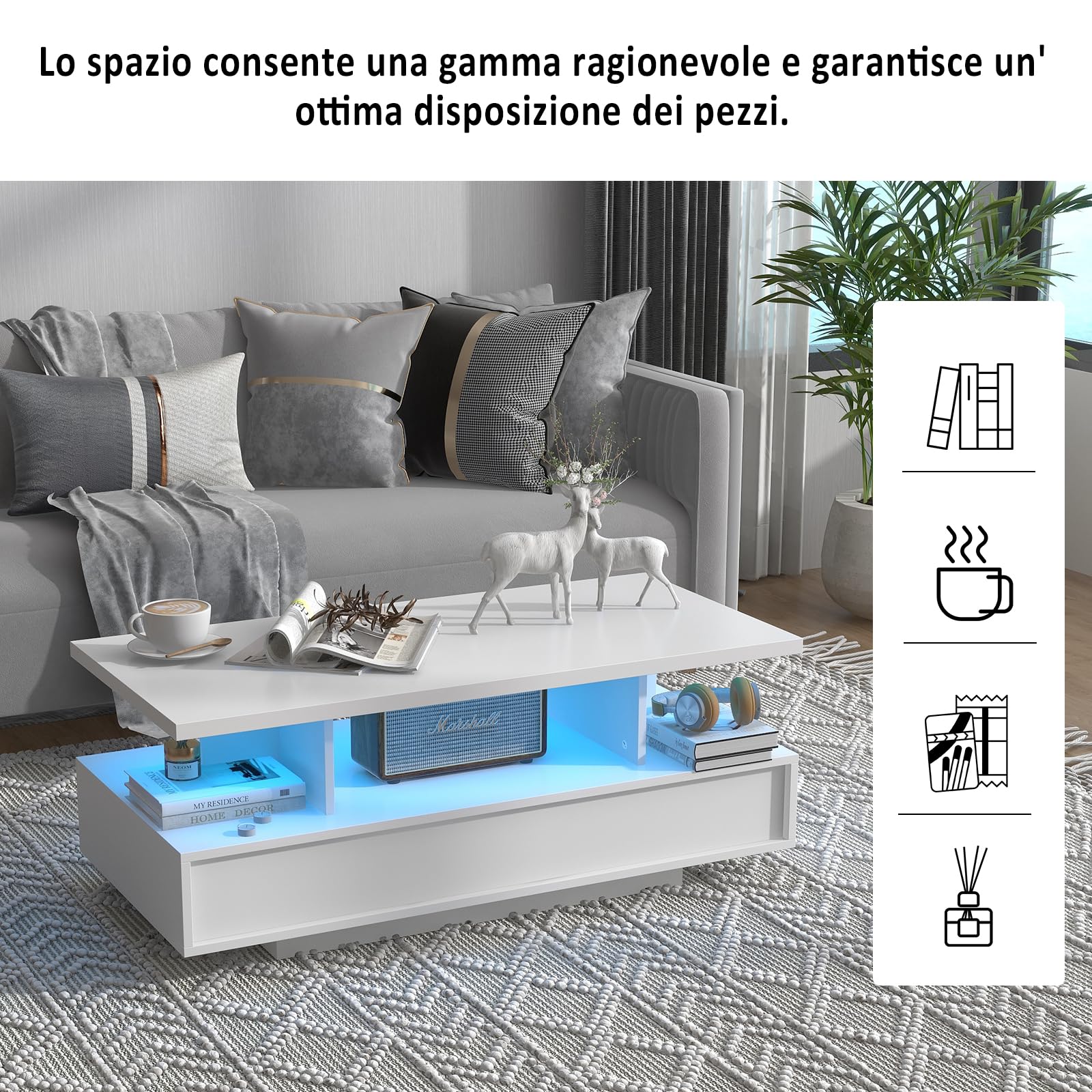 YU YUSING Tavolino Salotto Moderno con 2 Cassetti, Tavolino da Caffè con 2 Ripiani, Coffee Table, 60000 Colori di Luce Regolabili, Telecomando, Controllo tramite App, Modalità Musicali, Bianco