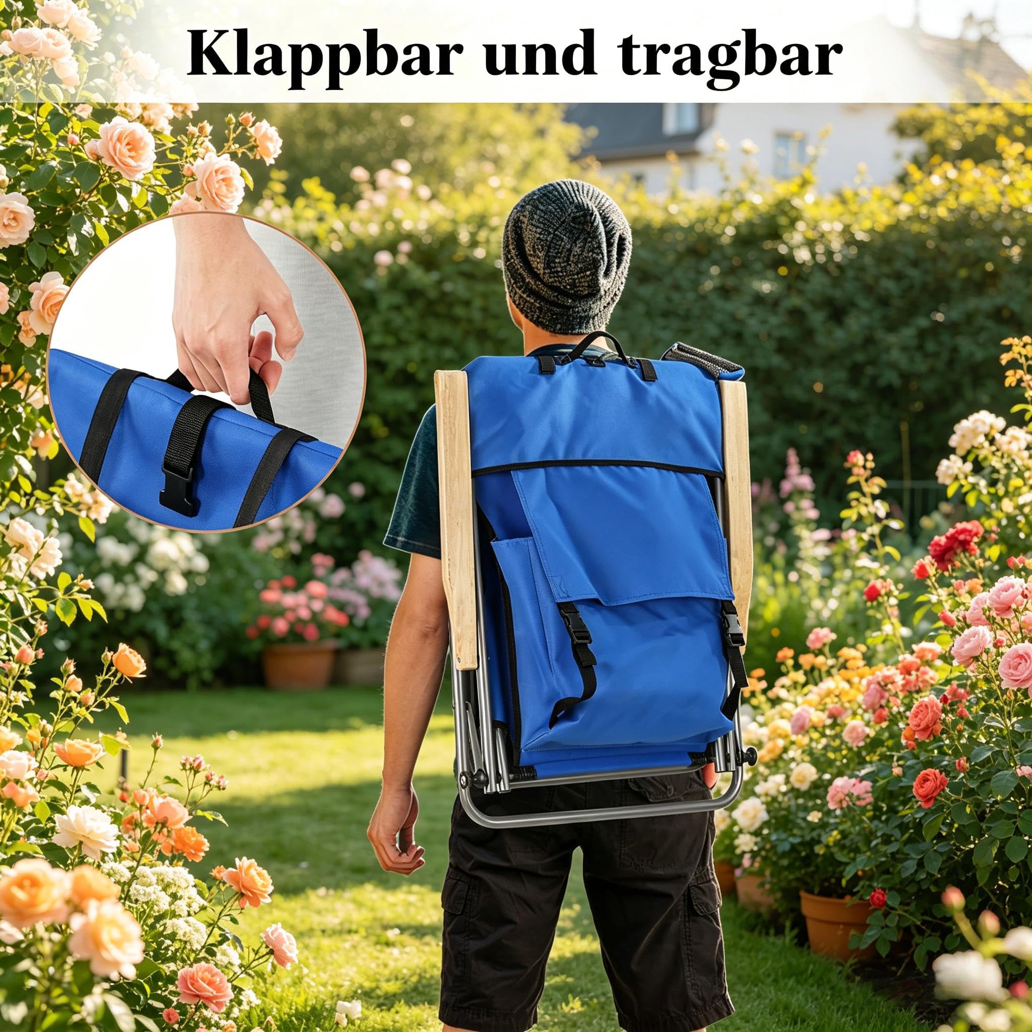 vutizal Klappbarer Campingstuhl mit 4-Fach Verstellbarer Rückenlehne, Leichter Liegestuhl für Strand & Garten, Picknickstuhl als Rucksack faltbar, bis 150 kg, blau