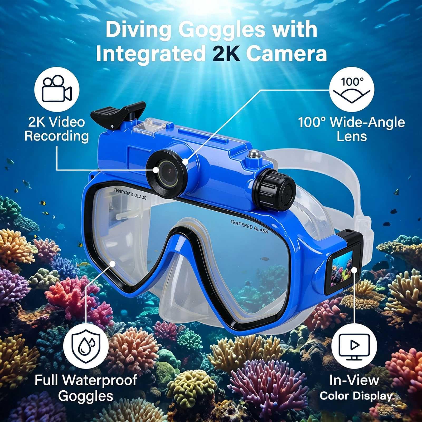 Occhialini da Sub con Fotocamera 2K, Occhialini da Sub 15M | Obiettivo Grandangolare da 100° Impermeabile, Stabilizzazione Elettronica Dell'immagine, Connessione App per Snorkeling Apnea