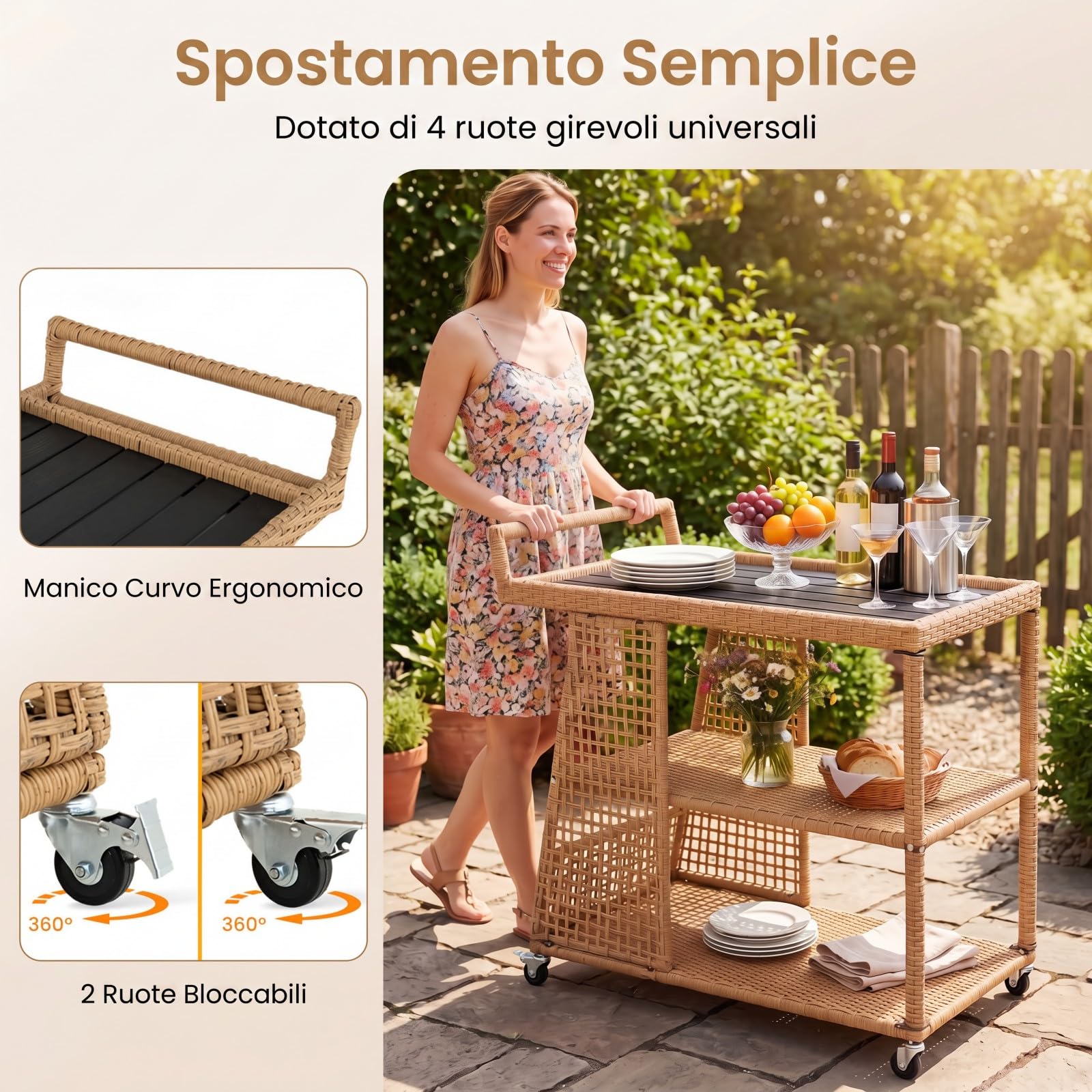 SOARS Carrello Bar in Rattan, Carrello Portavivande con 3 Ripiani Aperti e 4 Ruote, Maniglia Ergonomica, Moderno Carrellino Servizio Esterno Interno per Giardino, Terrazzo, Cucina, 98 X 54 X 92 CM