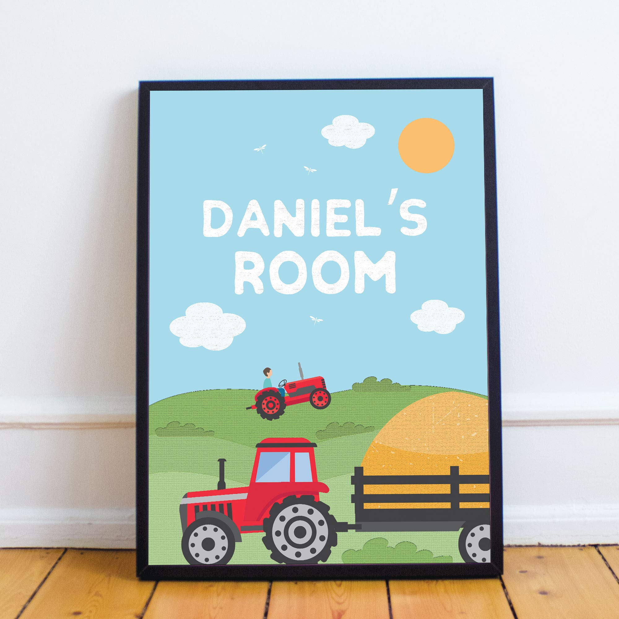 RED OCEAN FRAMED Nursery Print Personalised Boys Bedroom Sign Farming Print Bedroom Decor Wall Art (A4 Print with Black Frame - PERSONALISED Tractor Room)