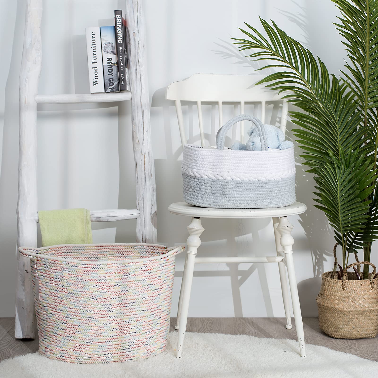 Ocstta Baby Diaper Caddy Organizer Natural Cotton Bag with Removable Insert for Car & Nursery Rope Bin Baby Shower Diapers Toy Organization Storage Basket?Blue White?