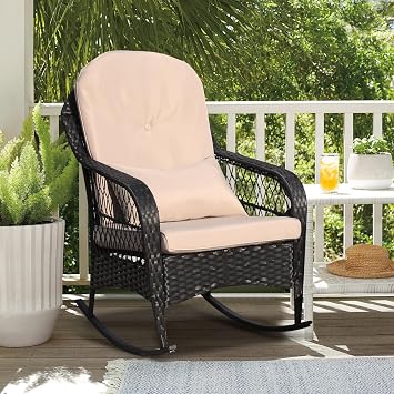 LVUYOYO Outdoor Rocking Chair, Patio Wicker Rattan Rocker Chair with Cushions, Rocking Wicker Furniture Set for Deck, Porch, Garden, Backyard Khaki