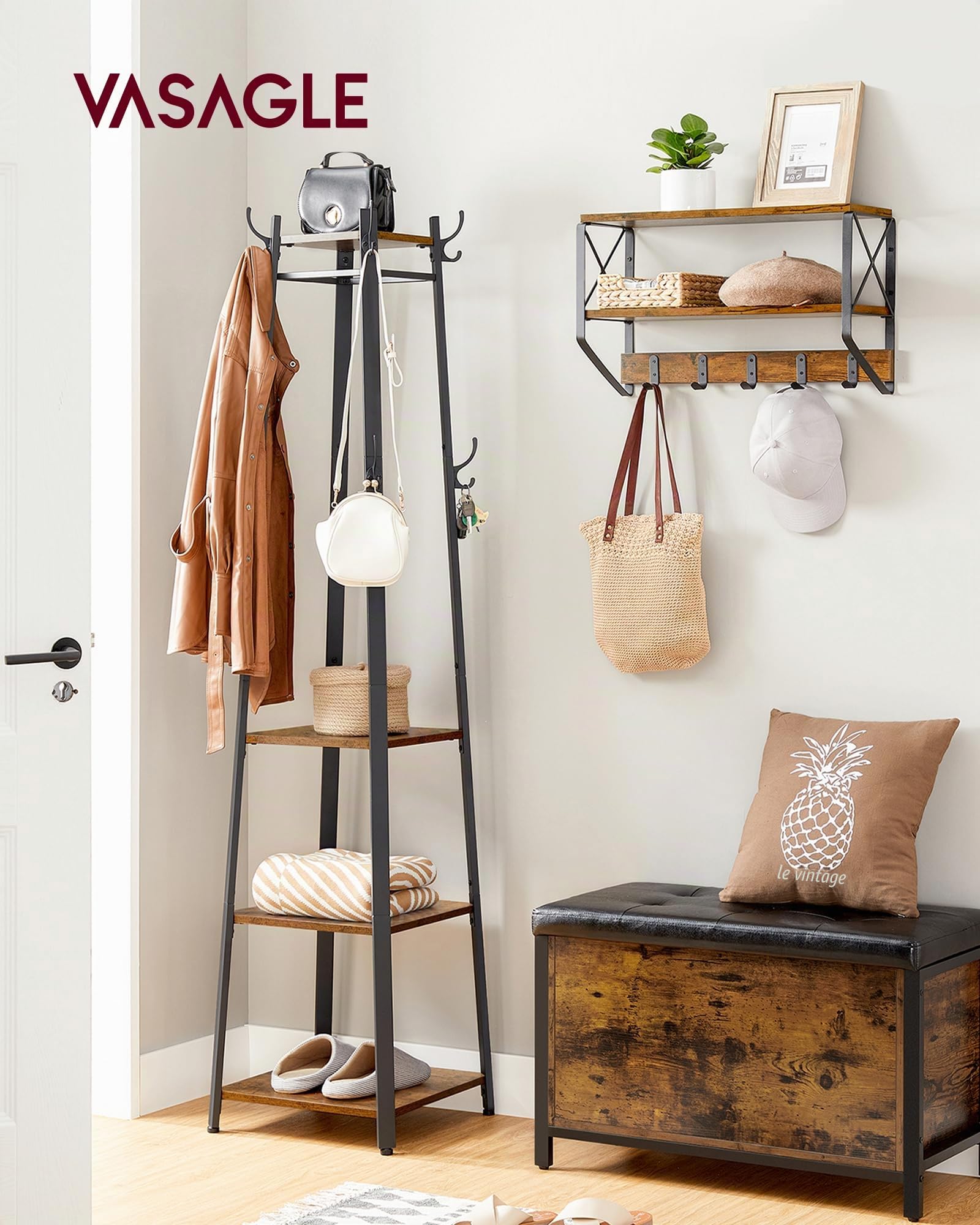 VASAGLE Porte-manteau sur Pieds, Vestiaire Entrée, avec 8 Doubles Crochets, 4 Étagères, Tringles, Cadre en Métal, pour Manteaux, Sacs, pour Entrée, Chambre, Marron Rustique et Noir LCR80X