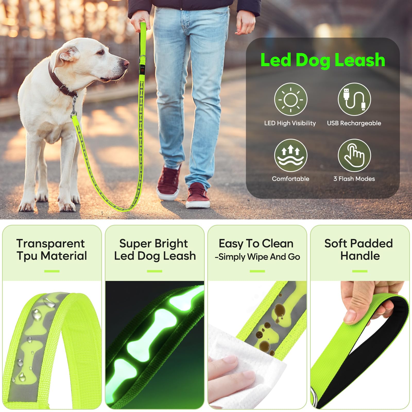 Flashseen Guinzaglio per cani luminoso, 1,2 m, LED con luce di tipo C, ricaricabile, in nylon, luci di sicurezza per cani per passeggiate notturne (verde)