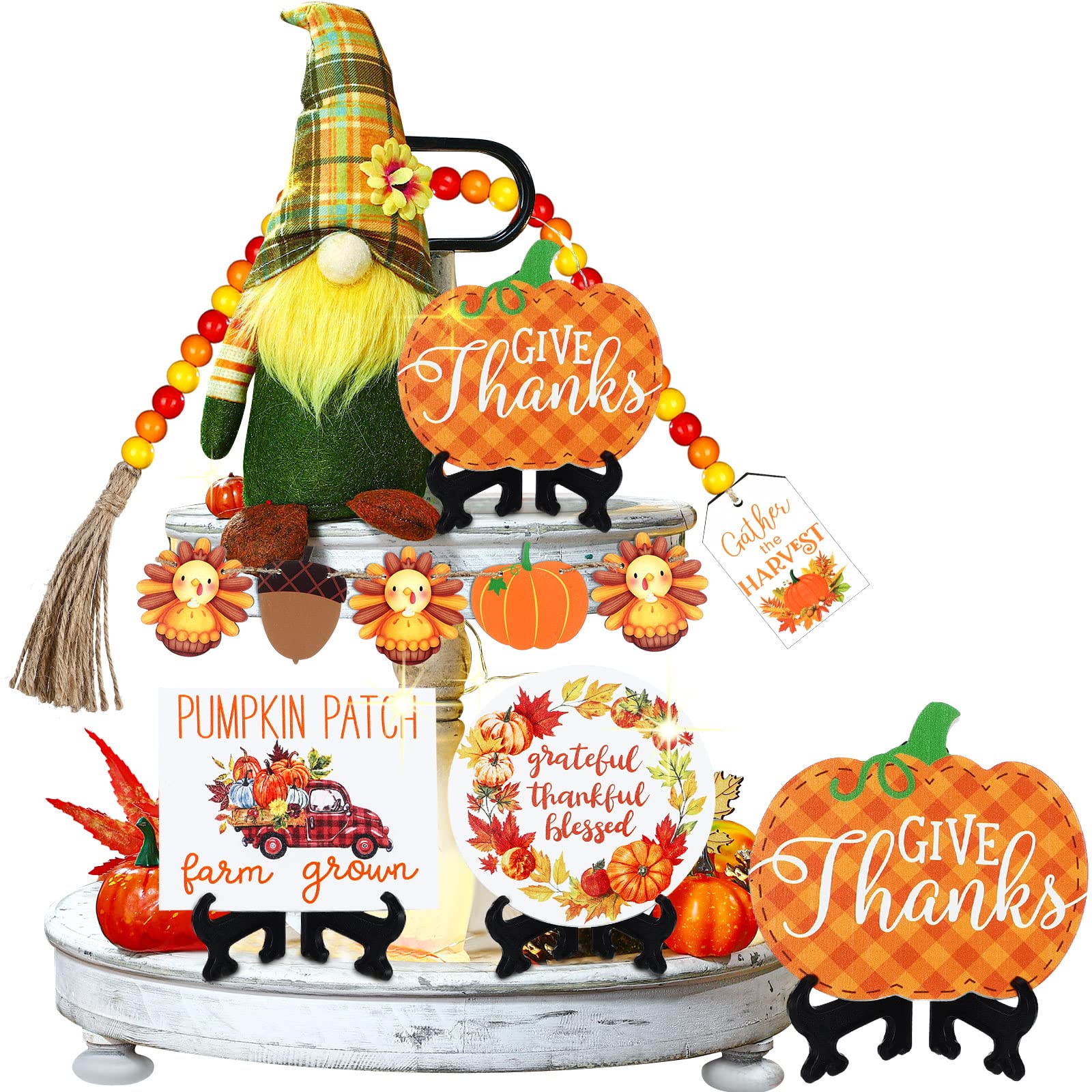 Bucherry 14 Pieces Fall Thanksgiving Tiered Tray Decor Wooden Signs Gnomes Plush Fall Tabletop Signs Pumpkin Tiered Tray Decoration Farmhouse Rustic for Autumn Decor(Gnome Style)