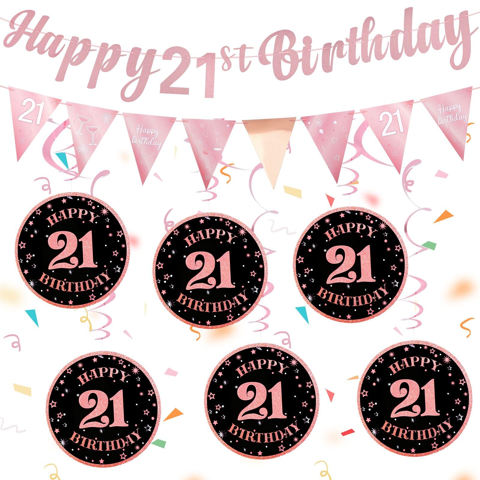 21st Birthday Decorations for Girls Set - Happy 21st Birthday Banner Triangle Flag Hanging Swirls Streamers for Party Decorations Supplies, Rose Gold