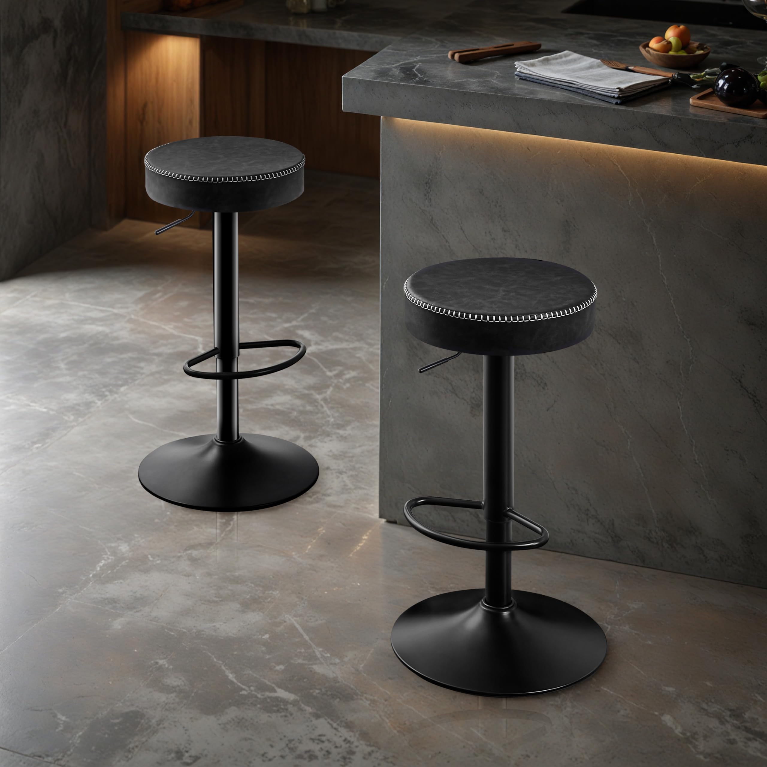 STOOLINK Taburetes de Bar Requlable en Altura, Taburete Cocina Juego de 2, Taburete Alto Cuero de Microfibra, Taburete de Bar con Reposapiés, Taburetes Cocina 150kg para Comedor, Mostrador-Negro