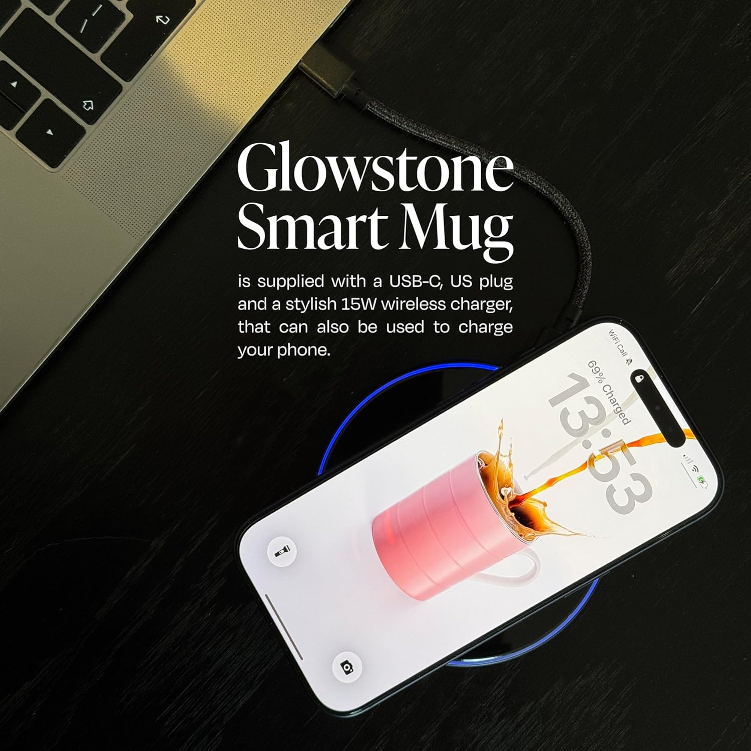 Glowstone Smart Heated Coffee Mug with Wireless Charging Base Self-Heating Made from Fine Bone China Electric Coffee Mug and Self Heating Mug Keeps Drinks Hot Stay Hot Electric Coffee Mug (White)