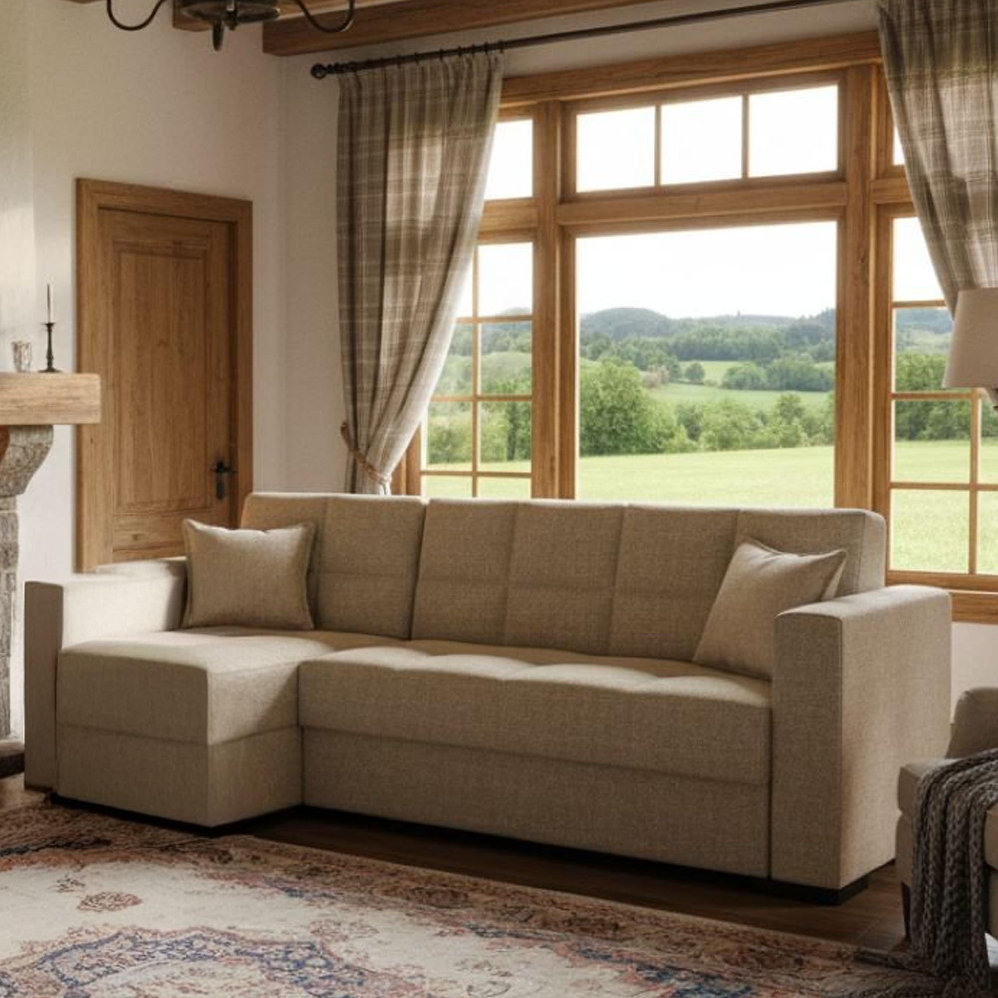 Dmora Divano Letto con penisola Fernando, Divano ad Angolo Reversibile, Sofà Contenitore da Soggiorno con Chaise Longue e 2 Cuscini, 230x150h81 cm, Beige