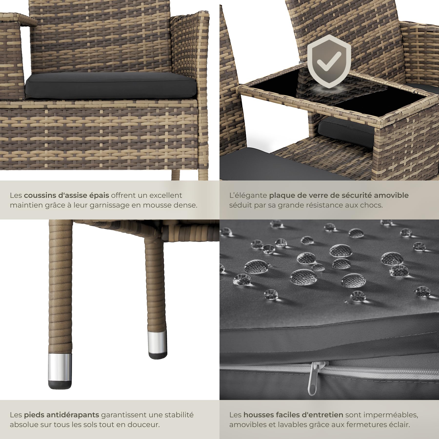 tectake® Banc d'extérieur avec Table intégrée, 133x63x84 cm, Ensemble de Salon de Jardin, Terrasse, Balcon, Résistant aux intempéries, Coussin d'assise 6 cm, Mobilier de Jardin en Rotin 2 Personnes