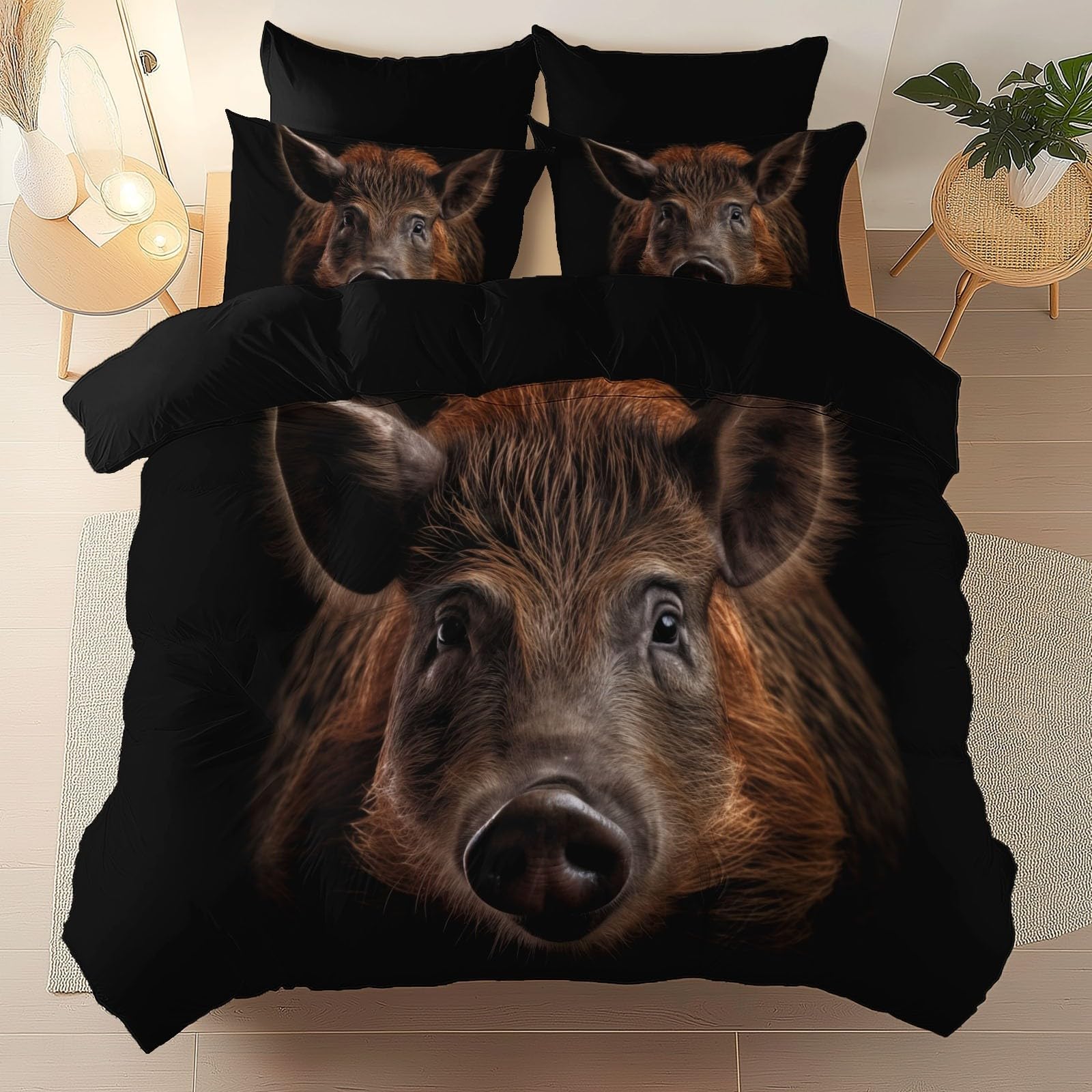 Copripiumino 220 x 240 cm 3 Pezzi in Cinghiale, documentario sul tono scuro con Chiusura e Federa copripiumino in microfibra Set di Biancheria da Letto di Stile Elegante, Marrone e nero