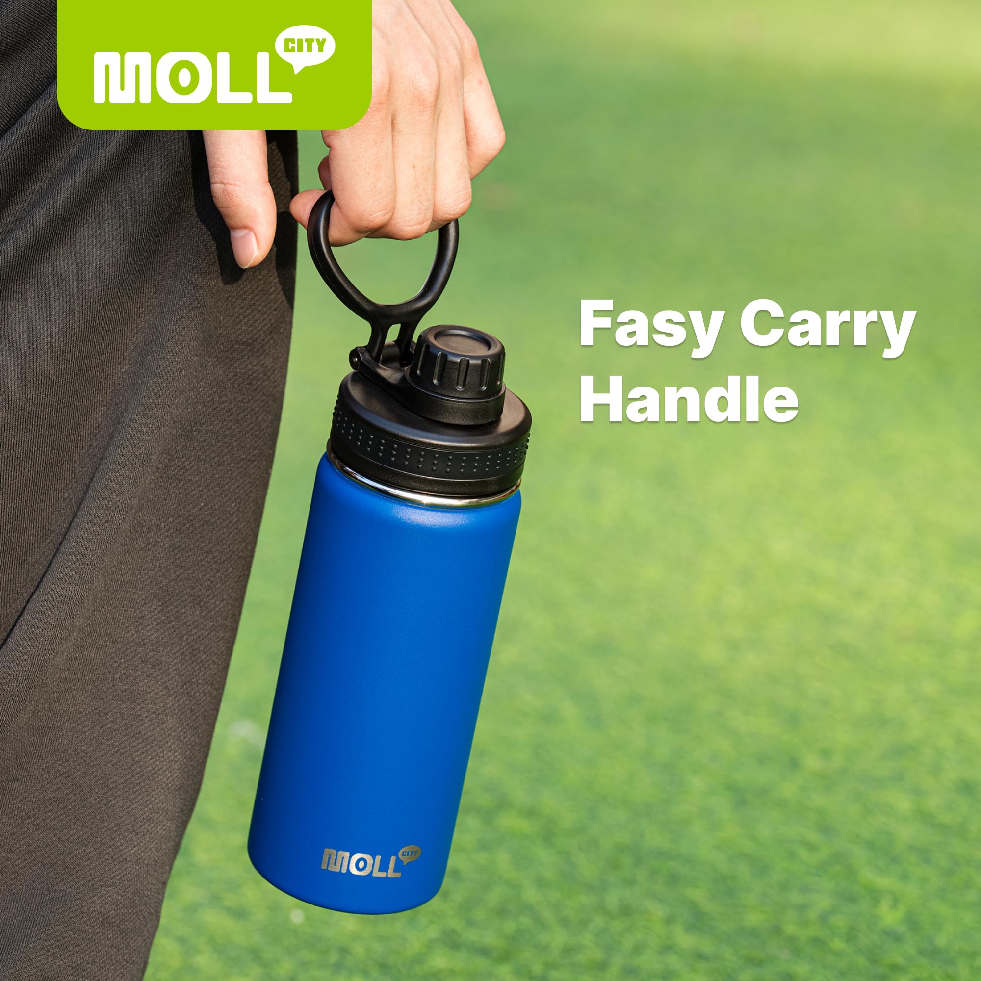 Botella de agua aislada, paquete de 2, botella de agua deportiva al vacío de acero inoxidable de 16 onzas, botella de agua de boca ancha con tapa de boquilla a prueba de fugas (azul