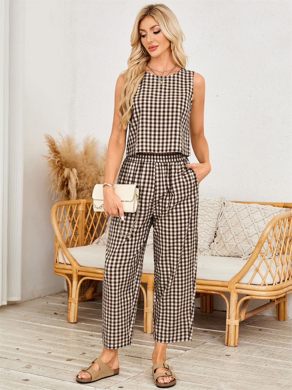 SotRong Gingham - Conjunto de dos piezas de verano para mujer, ajuste holgado, a cuadros, patrón a cuadros, ropa de ocio, cuello redondo, sin mangas, cintura alta, pantalones recortados, elegante, Y2k