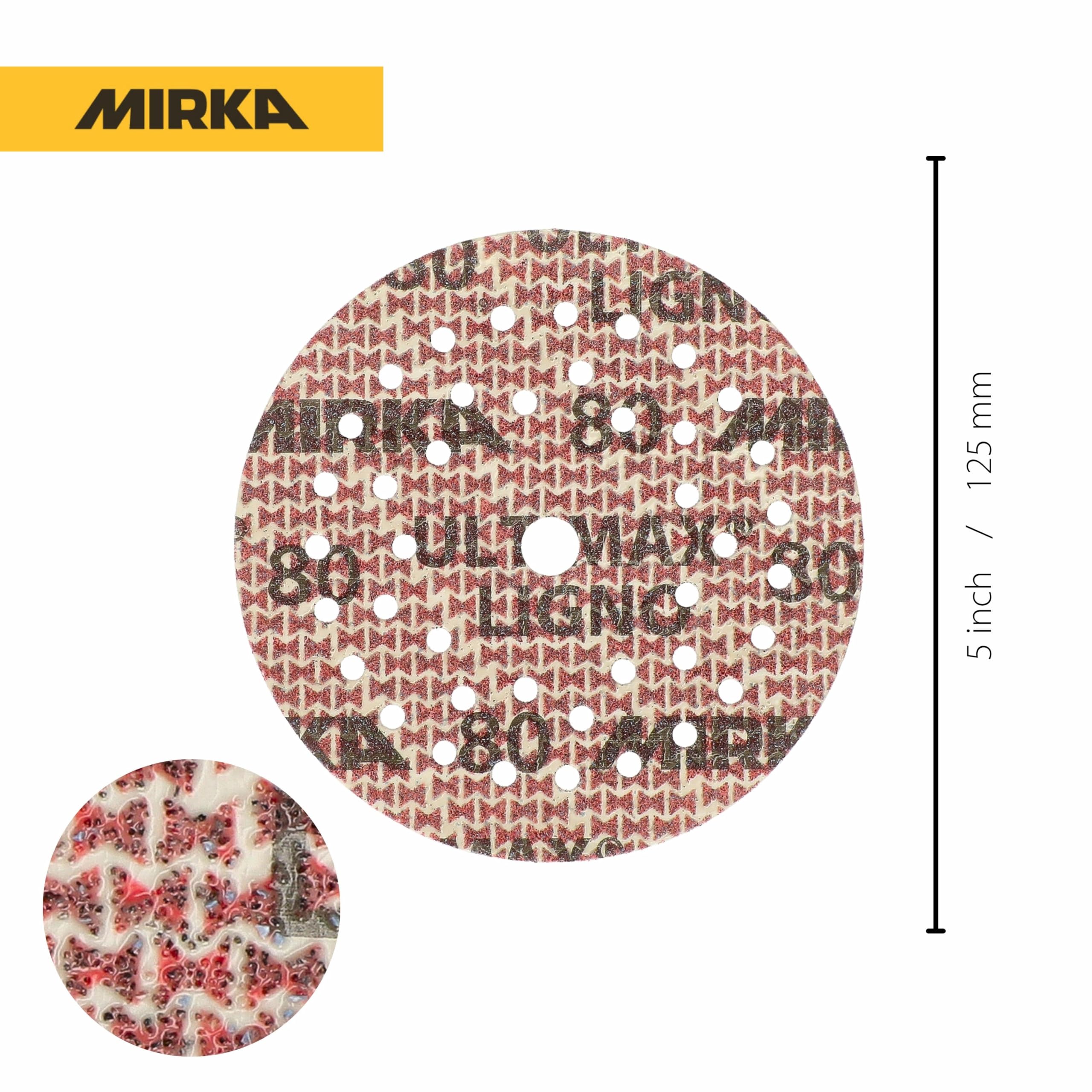 Mirka tarcze szlifierskie Ultimax Ligno 125 mm rzep Multifit | Tarcze szlifierskie z ziarnem 80 do drewna z multiperforacją kompatybilne z szlifierkami mimośrodowymi i oscylacyjnymi
