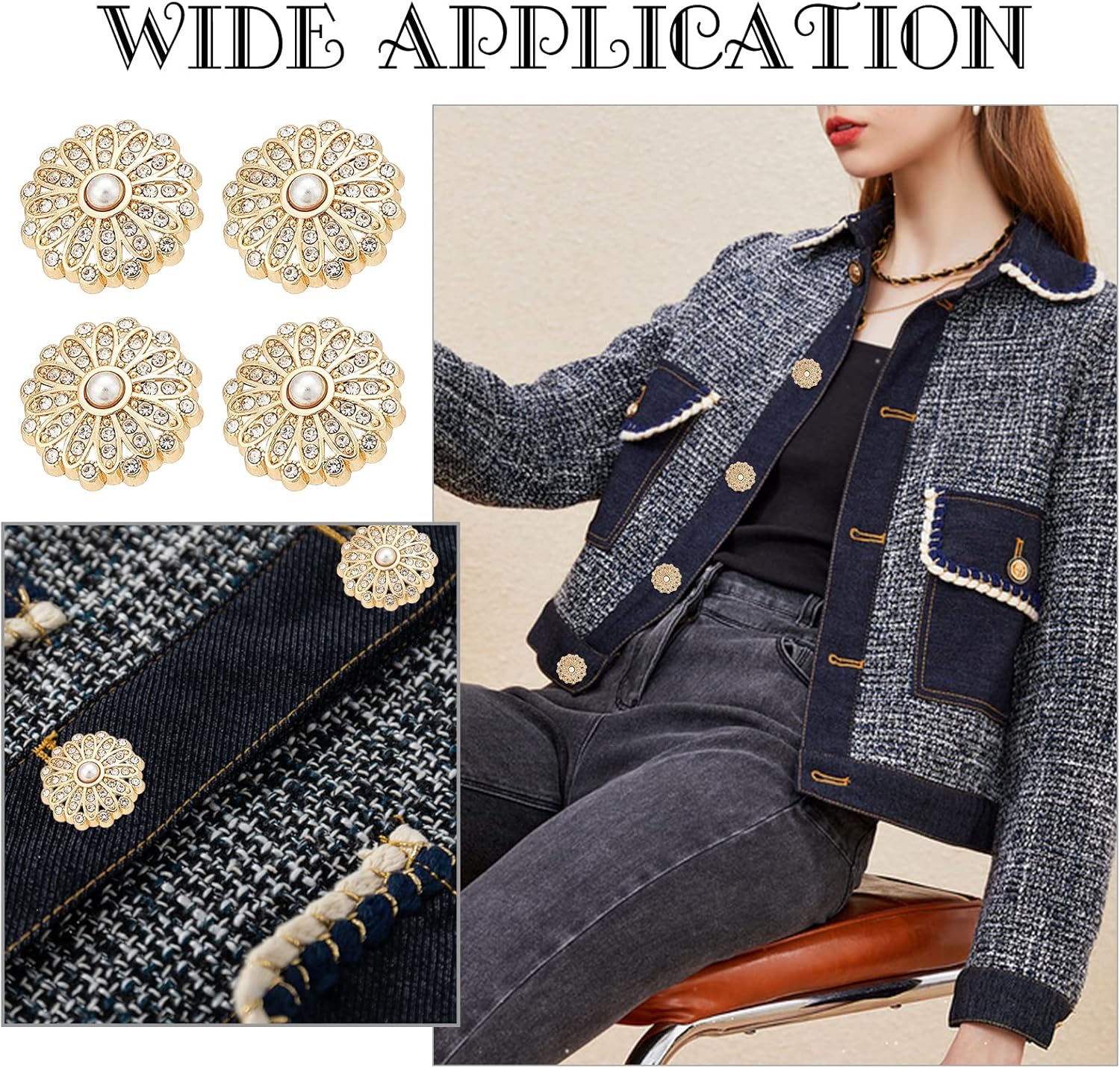 AHANDMAKER 20 Pcs Shank Rhinestone Buttons, 19.5mm Sew on Clothing Buttons, Rhinestone Pearl Button Accessories for Coats, Dress, Jewelry, Wedding Party and DIY Crafting Decorations (Light Gold) - Image 5